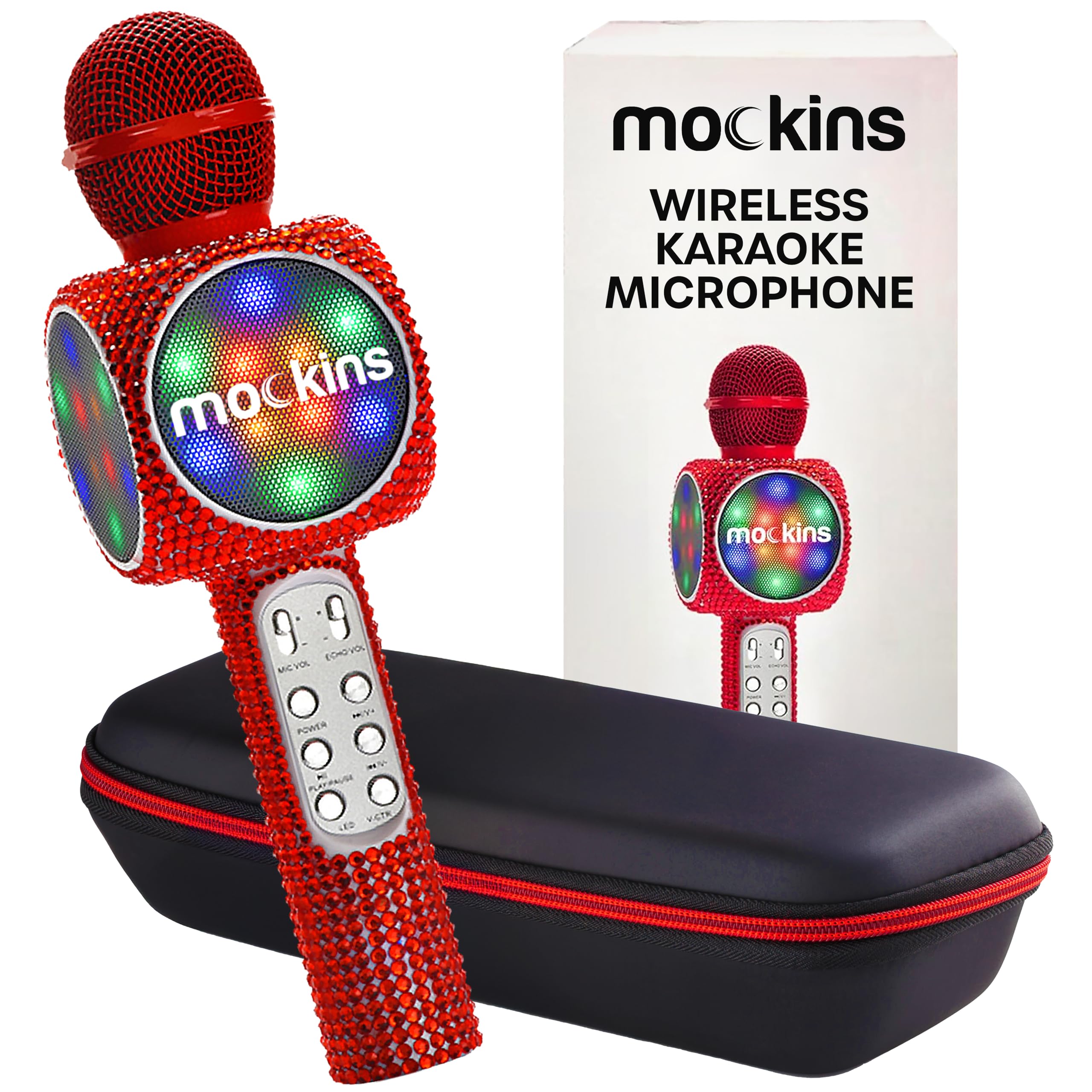 Mockins Micrófono de karaoke rojo brillante para niños, micrófono inalámbrico para karaoke con altavoz, cambiador de voz y luces LED coloridas, micrófono portátil para niños
