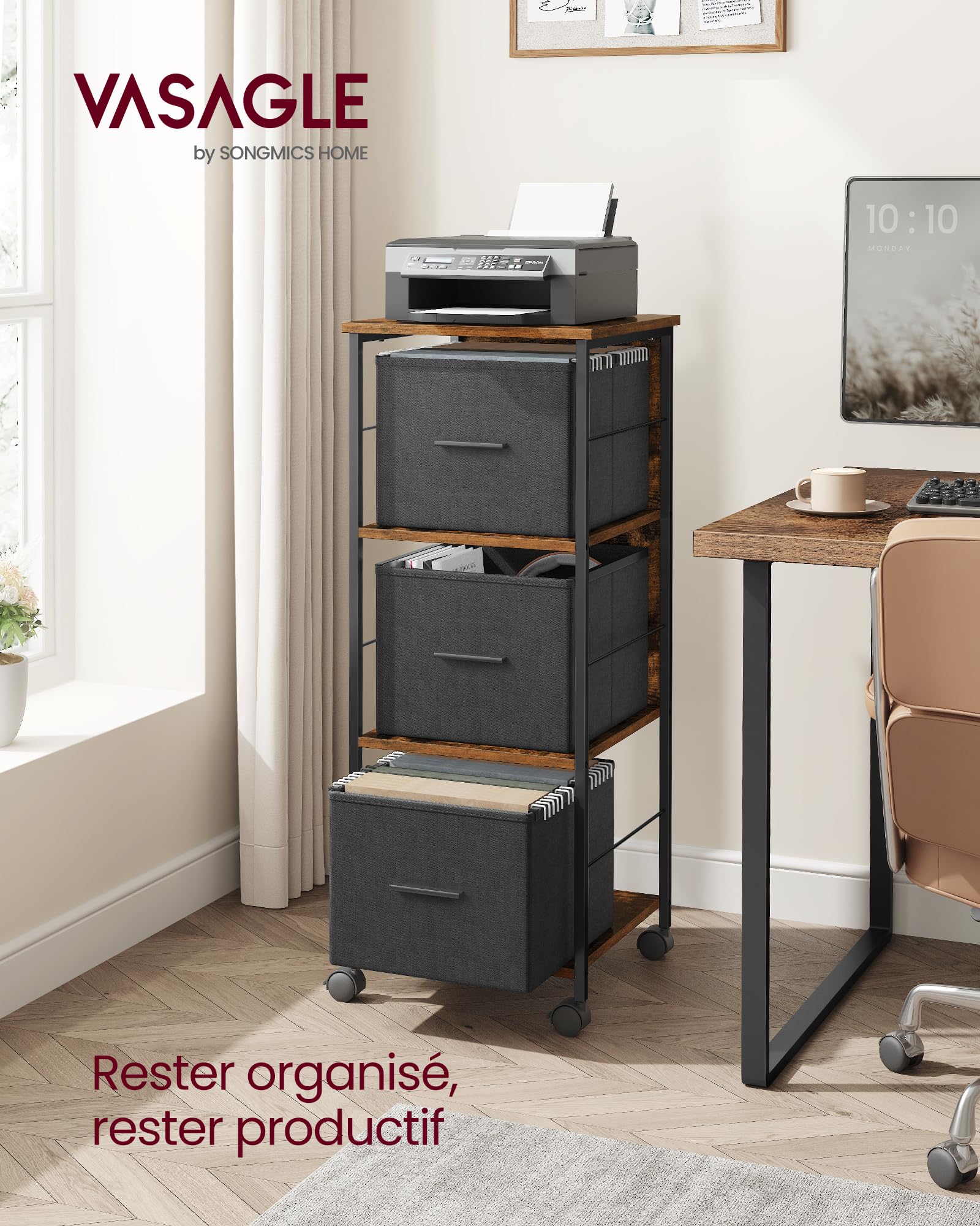 VASAGLE Caisson Bureau, 3 Tiroirs, Bibliothèque, Étagère de Rangement en Cube, Support pour Imprimante, pour Format A4, Dossiers Suspendus, Bureau, Marron Rustique et Noir d’Encre OFC058B01