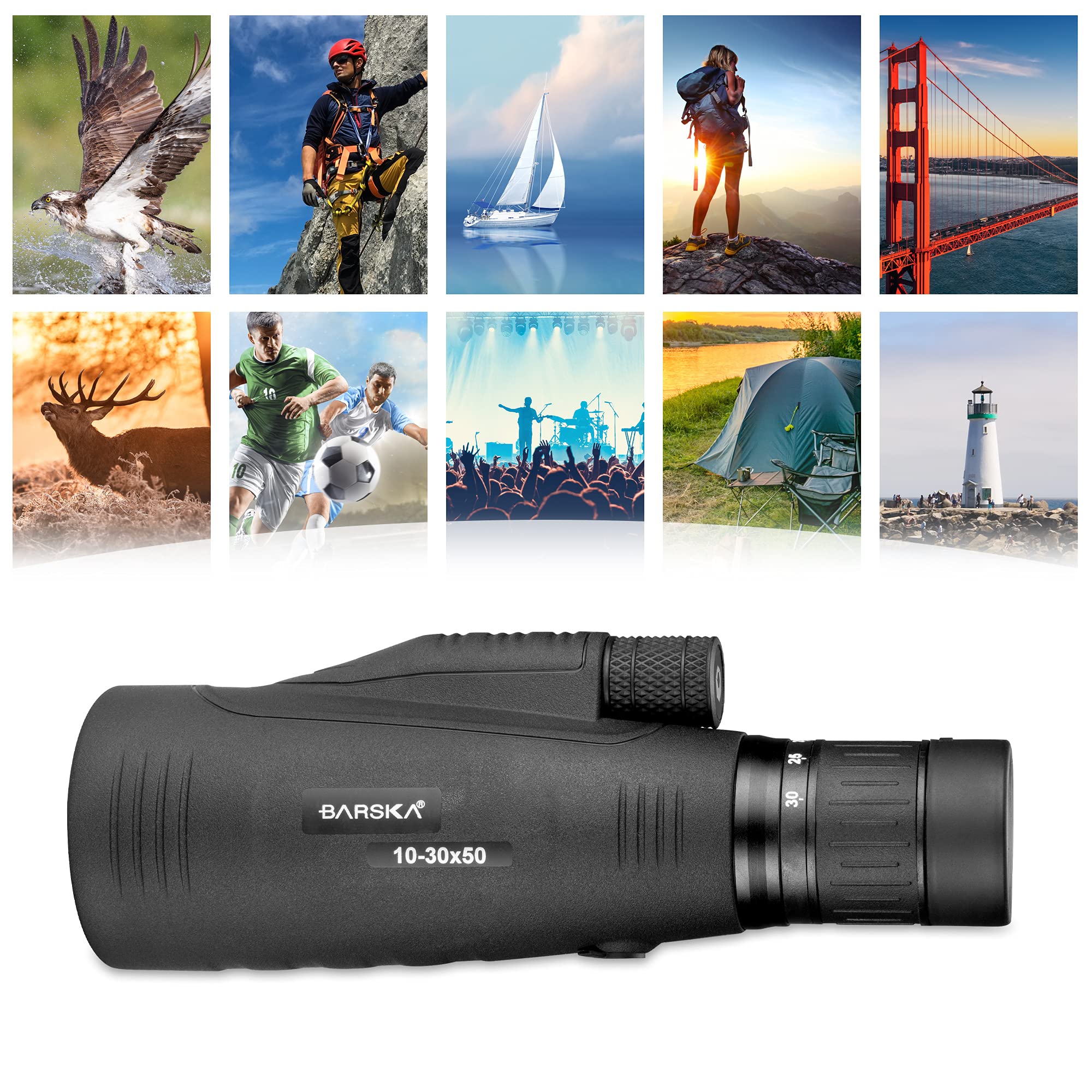 BARSKA Monocular de precisión de 10-30 x 50 mm para observación de Aves, Viajes, Caza, Paseos en Bote y Camping.