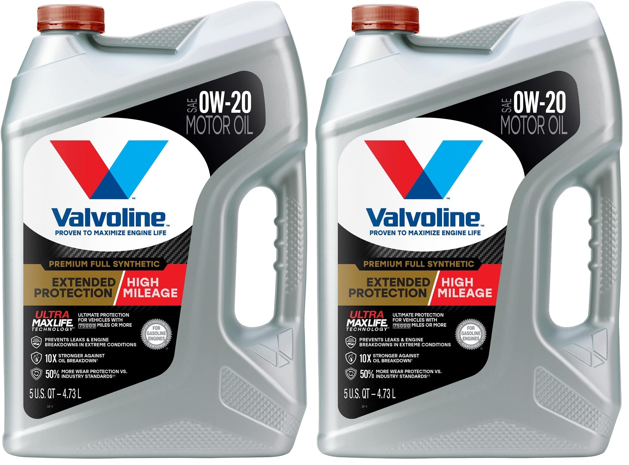 Valvoline Extended Protection High Mileage with Ultra MaxLife Technology 0W-20 Full Synthetic Motor Oil 5 QT (Pack of 2)