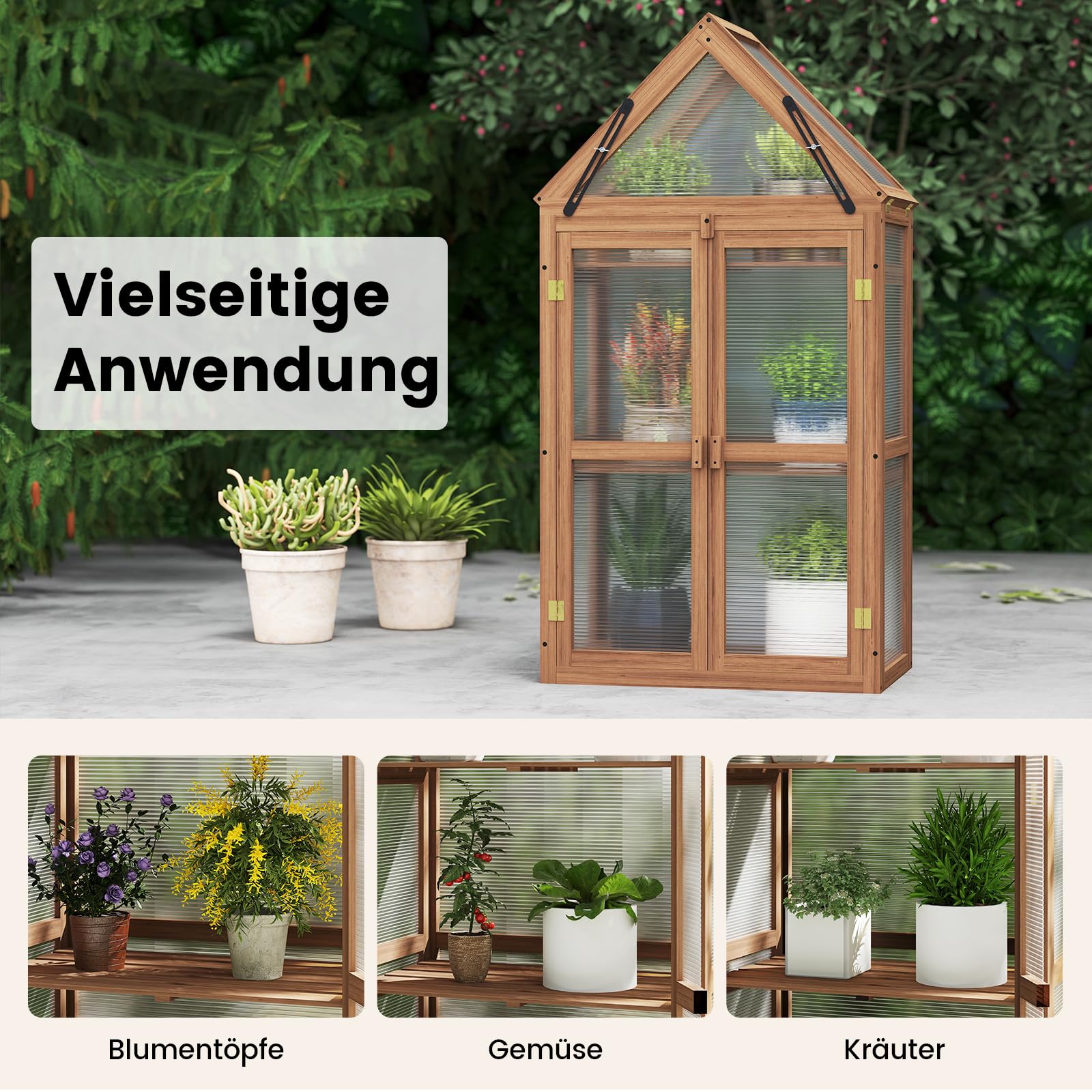 GOPLUS Mini Gewächshaus, 3-stöckiges Anzuchthaus, Treibhaus Holz, erhöhtes Pflanzenbeet mit transparentem Doppeltüren & aufklappbarem Dach, Frühbeet Tomatenhaus Aufzuchtschrank für Garten, Hof, Balkon
