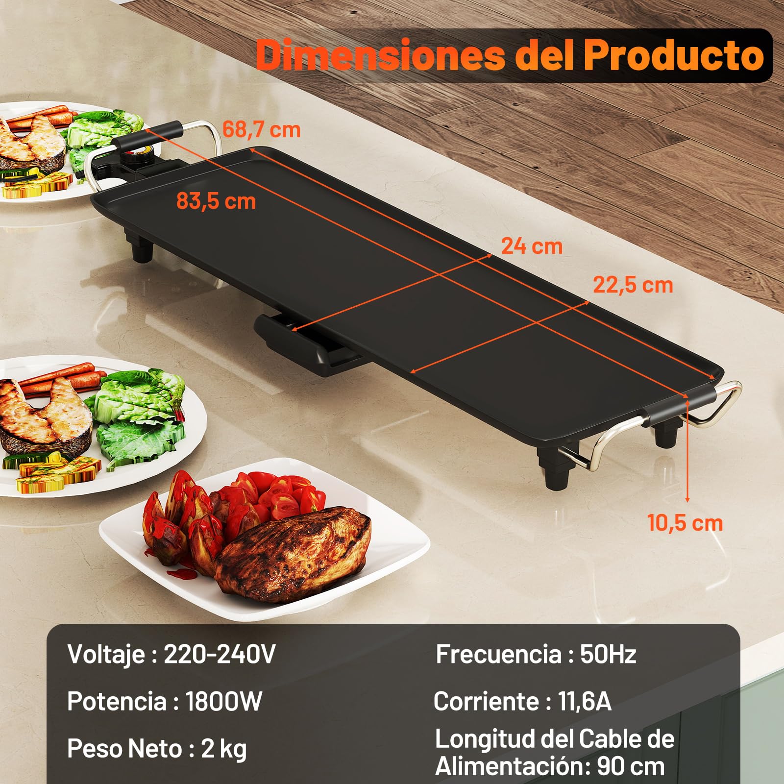COSTWAY Plancha Electrica para Cocinar,XXL, 68,7x22,5cm, Grelhador Electrico 1800w, 4 Ajustes de Temperatura, Asas Aisladas y Bandeja de Goteo,Revestimiento Antiadherente, Parrilla Electrica