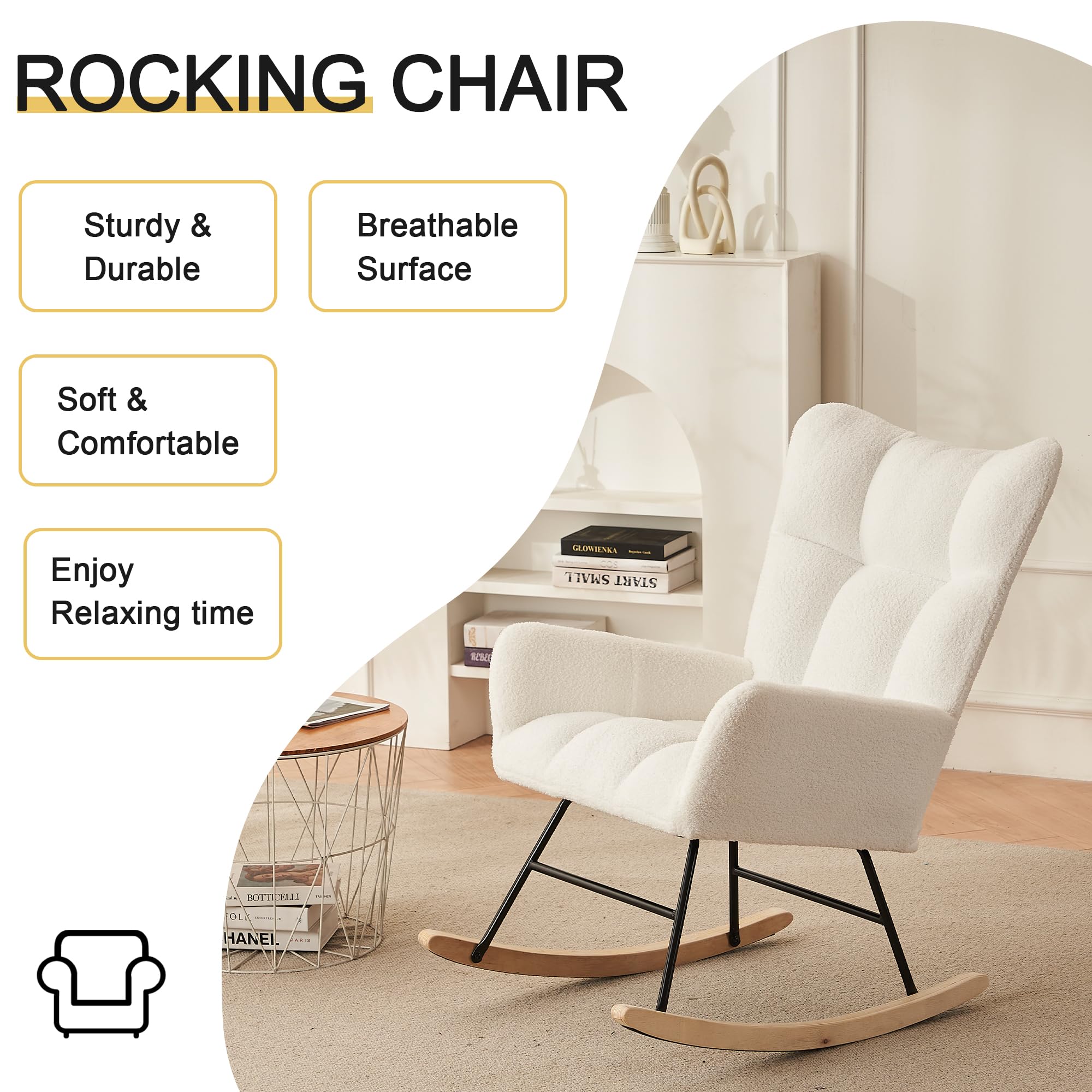 Mecedora, mecedora, sillón de lectura, sillón con respaldo alto y reposabrazos, de terciopelo de peluche, para salón, dormitorio y patios, 95 x 53,5 x 91 cm (blanco)