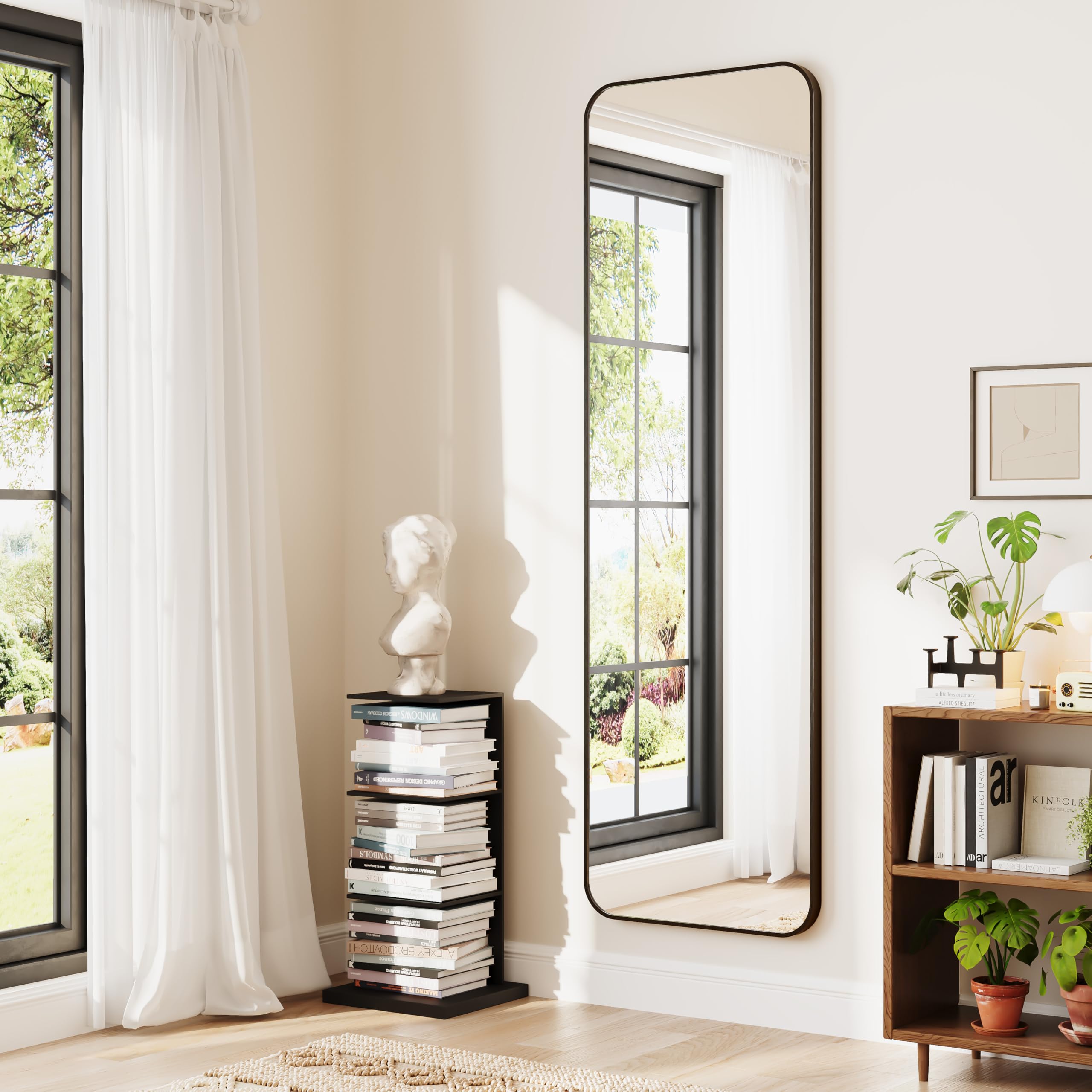 Dripex Grand Miroir 150x40cm Coins Arrondis Miroir Pied Suspendu Cadre Alliage Aluminium Noir