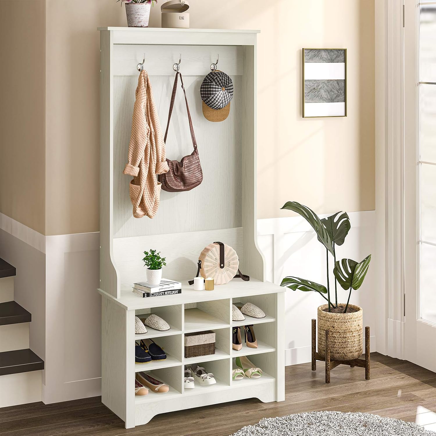 Itaar 68" Tall Hall Tree with Storage Bench, 3-in-1 Entryway Bench with Coat Rack, Shoe Storage, White Hall Tree with 3 Hooks and 9 Shoe Storage Cubes, Coat Rack Shoe Bench, White