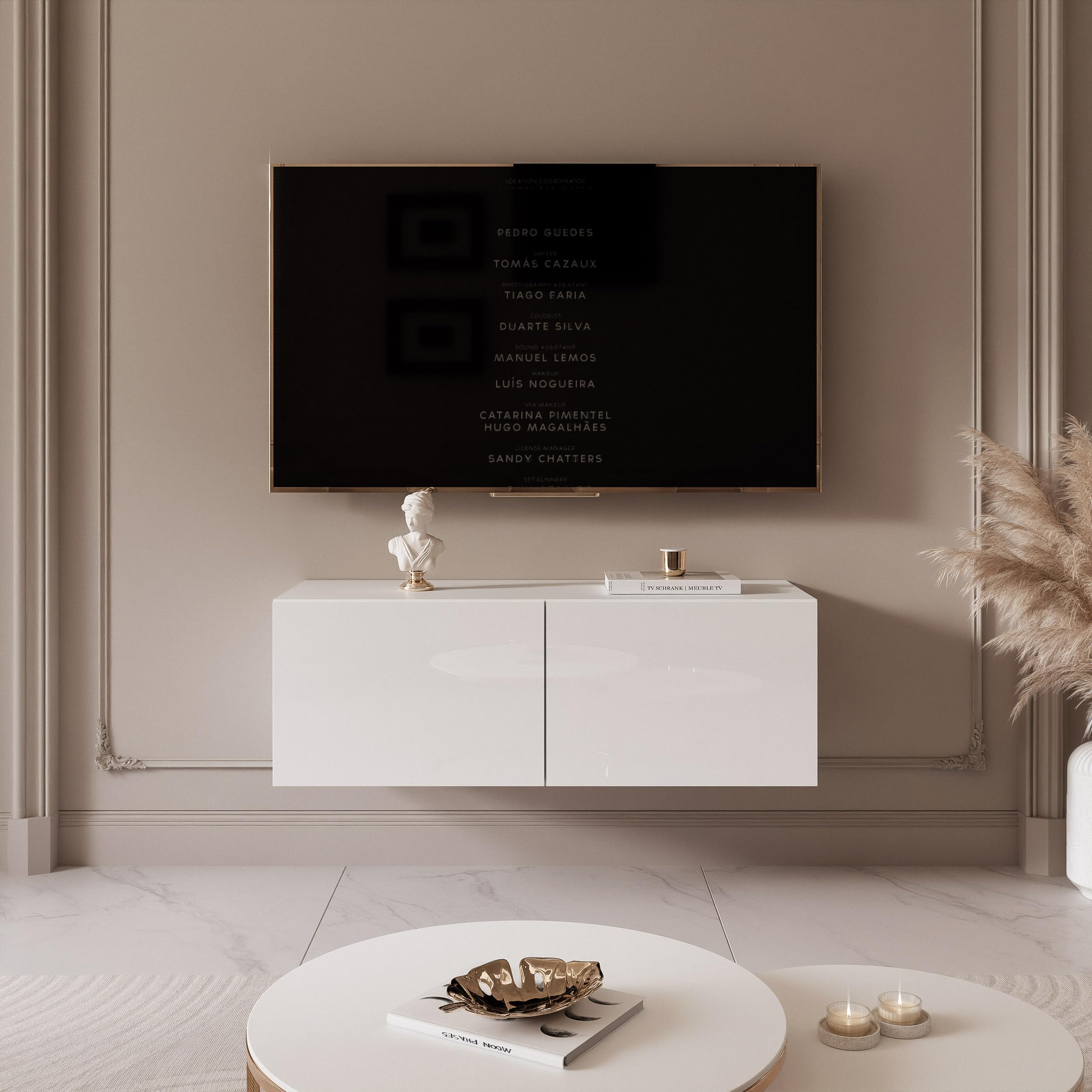 100 cm TV Lowboard Weiß Hochglanz 100cm mit 2 Praktischen Großen Fächern und LED Beleuchtung - TV Board Hängend Passend Für Stilvolle Wohnräume