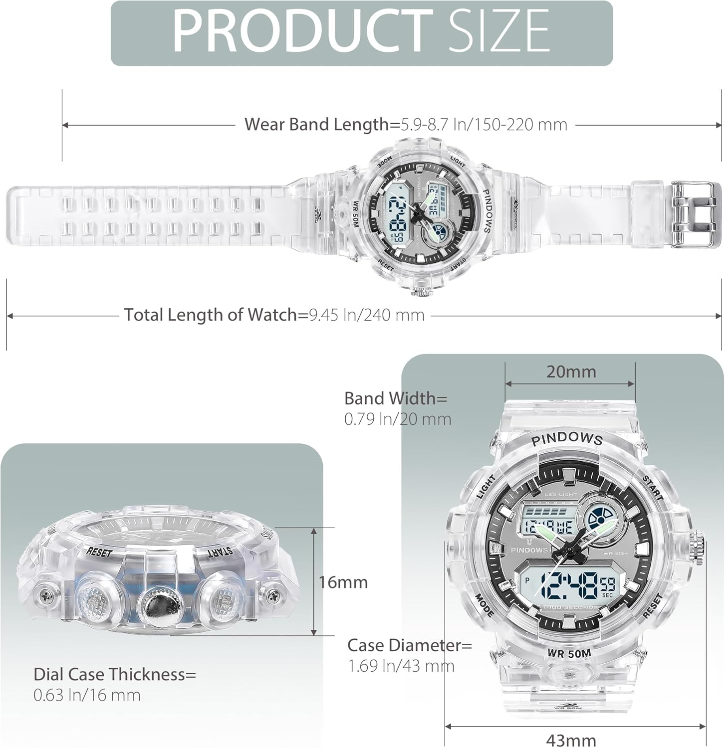 Womens Watch for Women Digital Sports Watch,7 Color LED Light Large Analog Digital Display Waterproof Watch with Alarm Stopwatch Hourly Chime Multi-Function Wrist Watches - Image 3