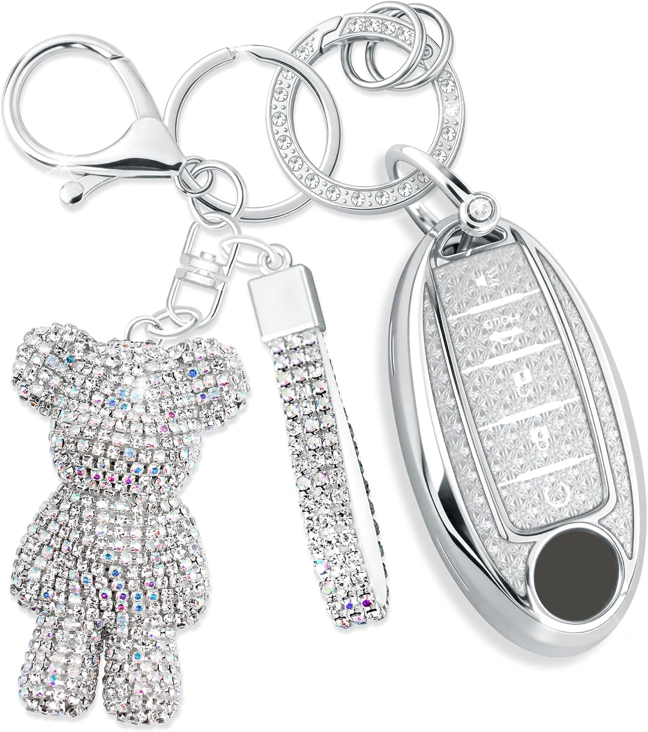 Cute Key Fob Cover with Rhinestone Bear Charm, Bling TPU Smart Key Case for Women, Compatible with Nissan Altima Armada Maxima Murano Pathfinder Rogue Sedan Sentra (5-Button, Silver)
