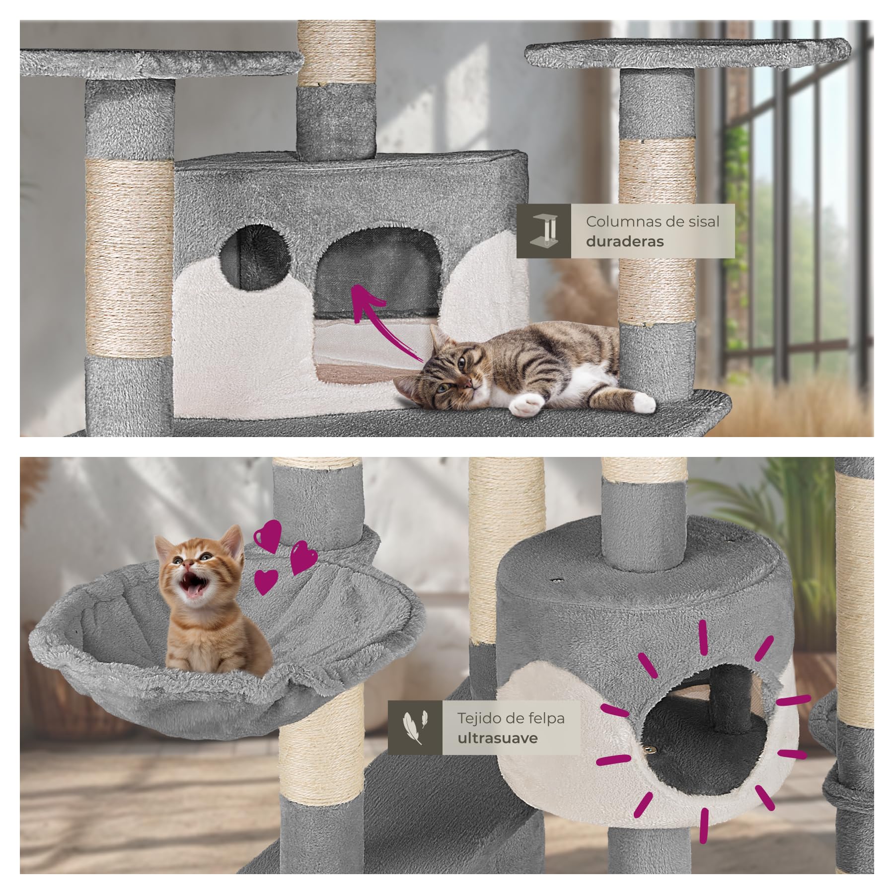 tectake® Rascador Árbol para Gatos 4 Plataformas, 2 Casetas, Varias Alturas, 2 Nidos Basculantes, Rascador para Gatos Grandes, Árbol Rascador para Gato, Casa para Gato - 201 cm Gris/Blanco