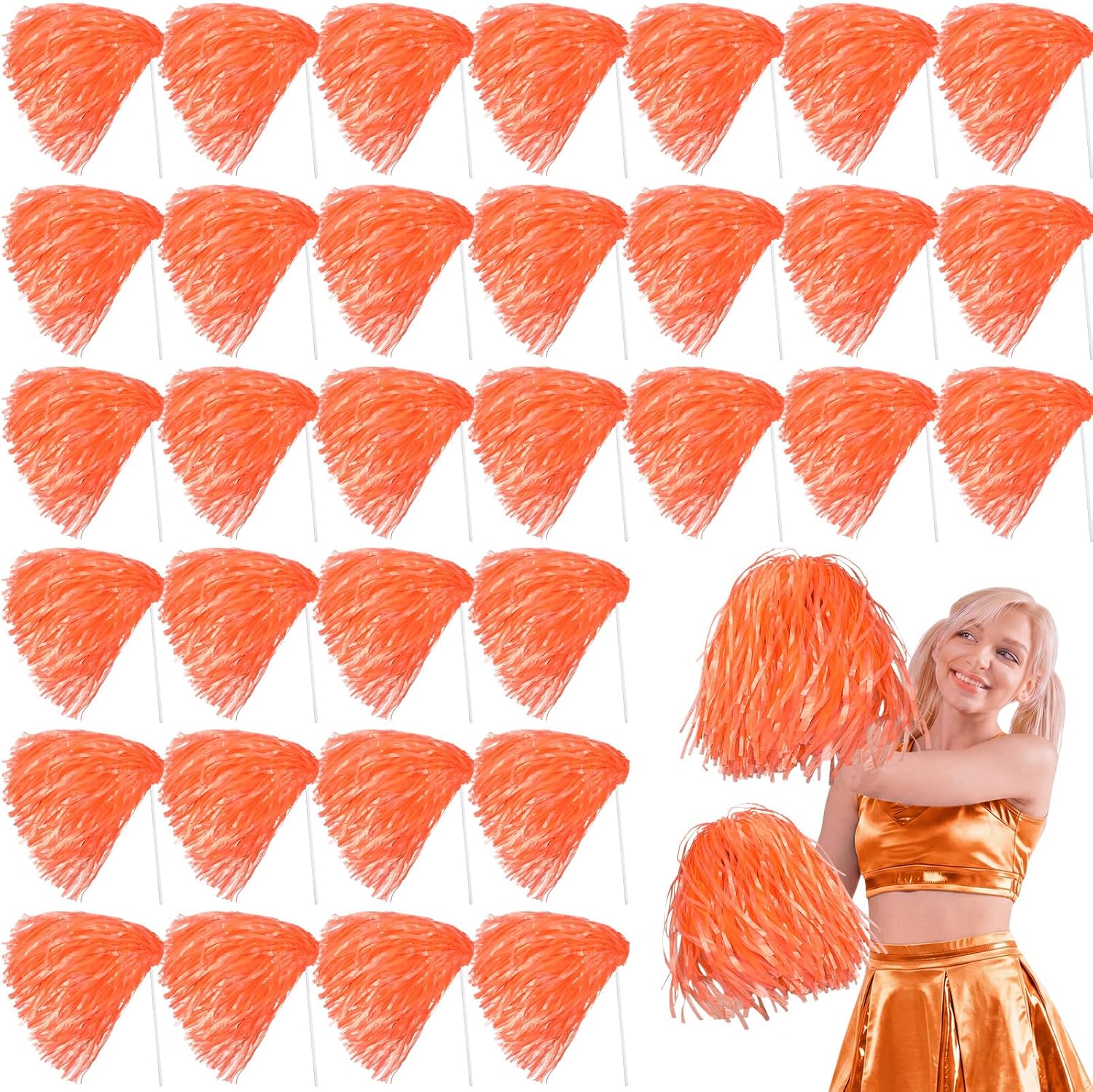 Vinsot 20 Pcs Orange Cheerleading Pom Poms Bulk Plastic Pom Poms with Plastic Long Handles School Spirit Shakers for Spirit Sports Team Squad Dance Football Basketball Club Celebration