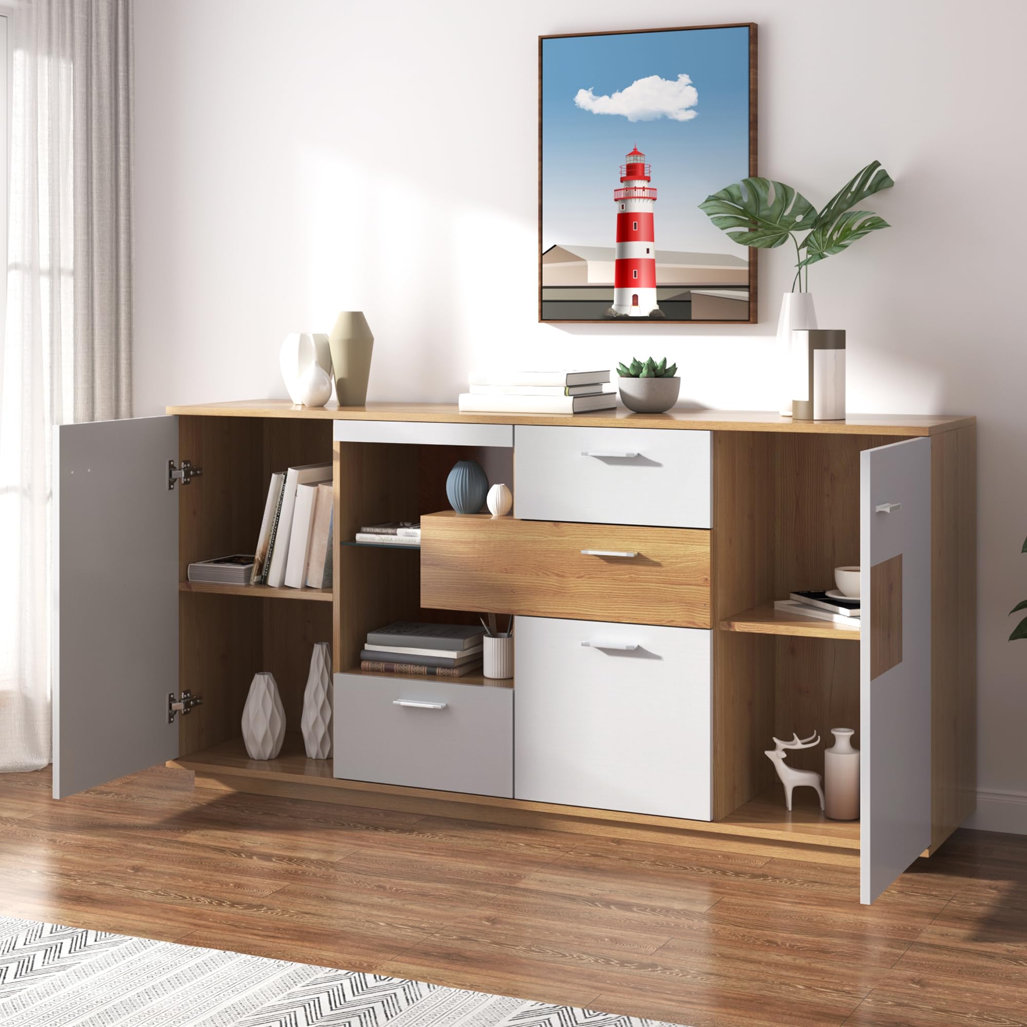 BTM Modernes Sideboard-Schrank mit viel Stauraum, mit LED-Beleuchtung, 160x40x77cm, 2 Türen, 4 Schubladen, Glasablage, Holzoptik, Weiß,Wohnzimmermöbel, Organizer, Kommode, Mehrzweckschrank.