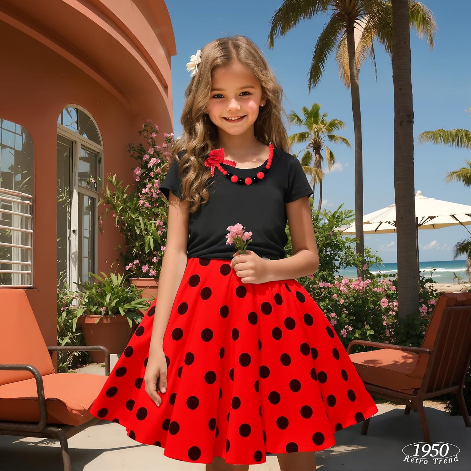 Tao-Ge Christmas Dresses for Girls Vintage Dress 50s 1950 Outfit Kids Girl Polka Dot Flower Checkered Party Dresses Size 6-12 - Image 3
