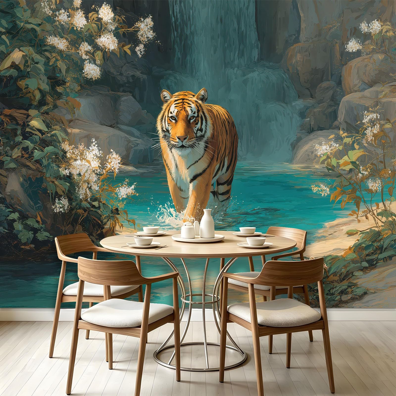 Générique Tapeta z włókniny z naturalnego kwiatu dżungli, 200 x 140 cm, tapeta z motywem zwierzęcia 3D tygrys panoramiczny obraz, łatwa do zainstalowania dekoracja ścienna do salonu, sypialni, kuchni