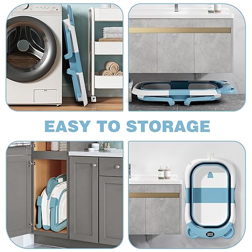 Miniatura 5 de Bañera plegable para bebé recién nacido con termómetro y 1 cojín flotante suave y 1 red de baño, bañera de viaje portátil con orificio de drenaje,