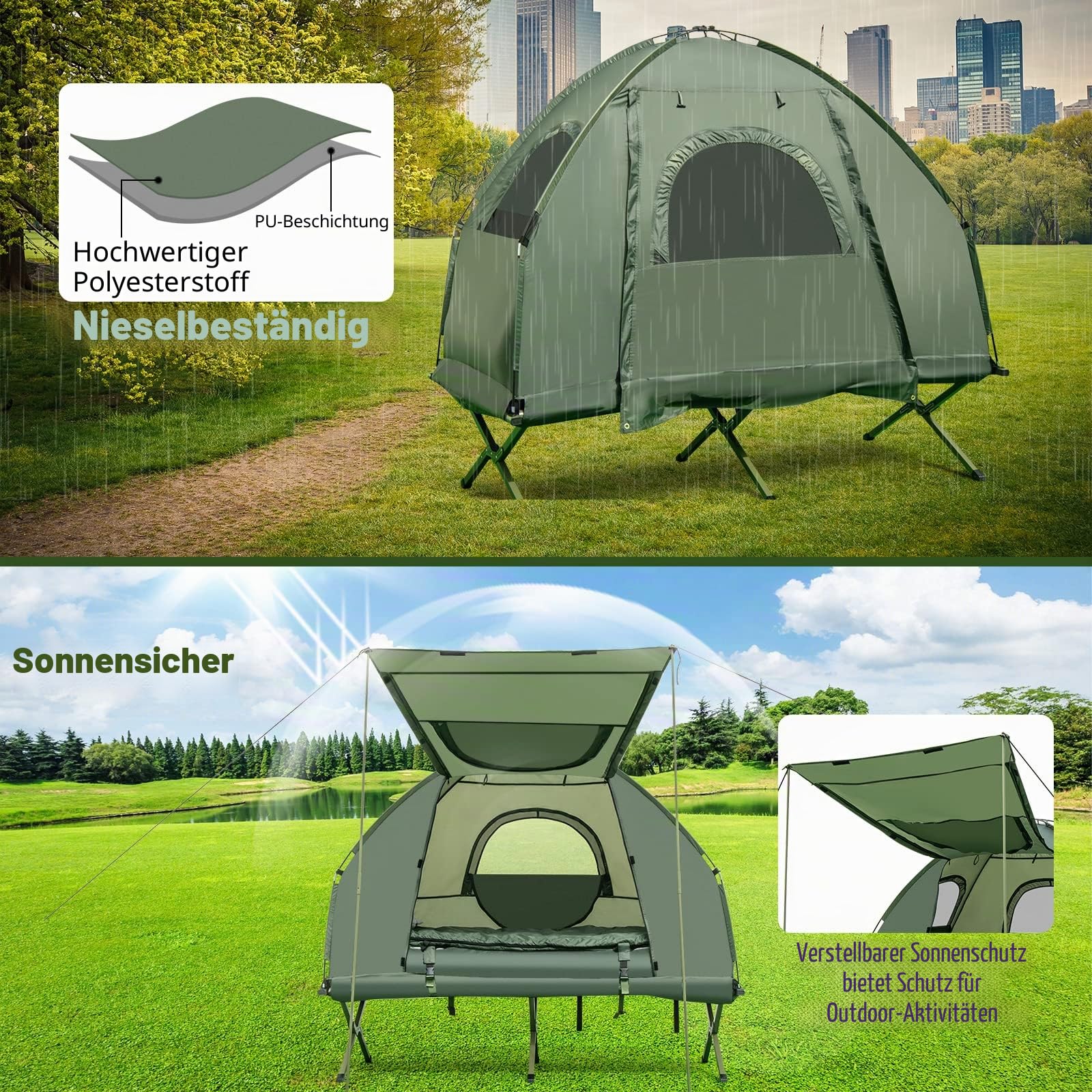 HOMASIS Campingzelt mit Feldbett, Campingbett mit Sonnendach, Kuppelzelt mit Luftmatratze & Schlafsack, Zelt mit Tragtasche für eine Person, Metallrahmen, Grün