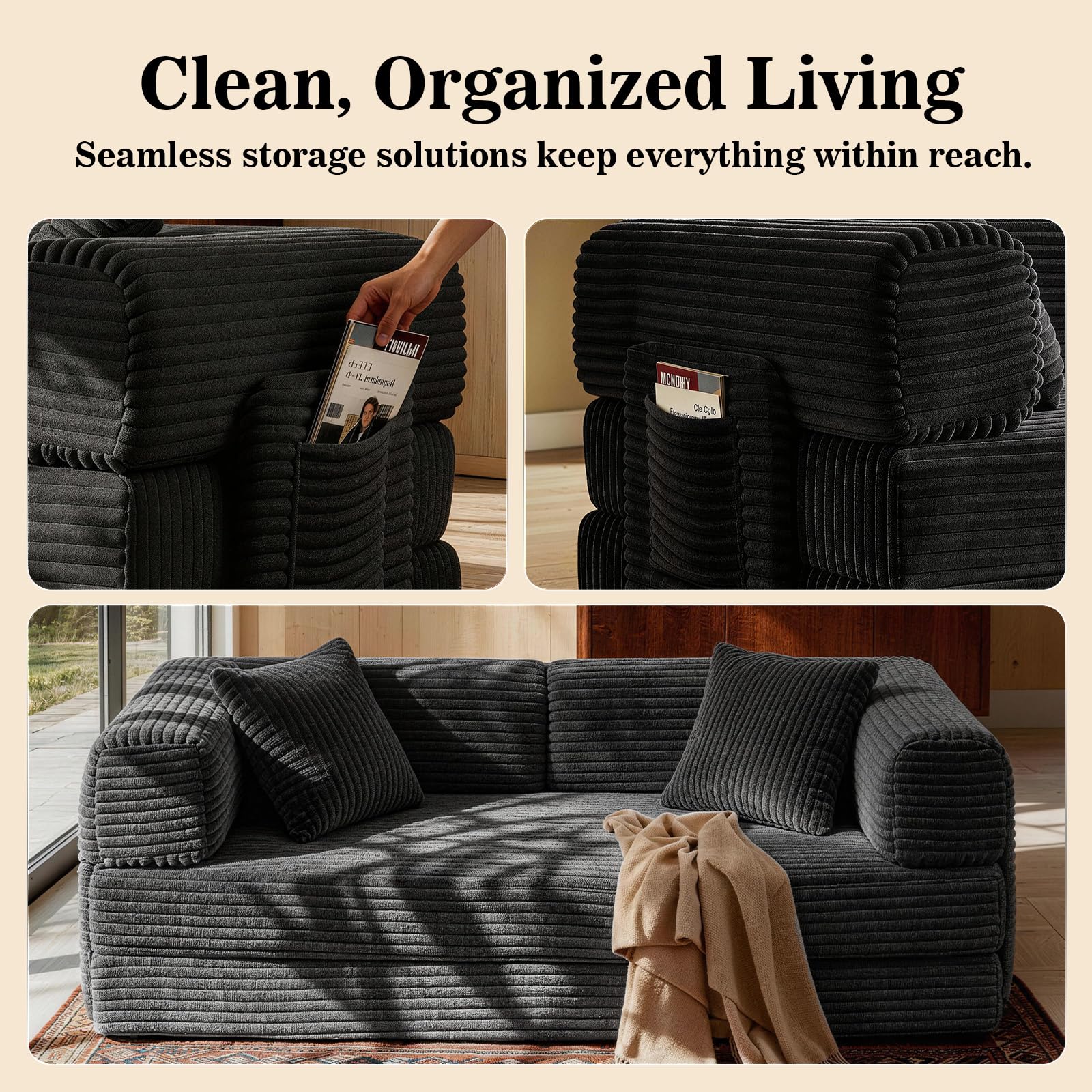 AUGOP Futon Sofa Bed Boneless Couch for Living Room,Pull Out Couch with Sleeper Sofa,Day Bed Couch with Storage Pocket,Removable Corduroy with 2 Pillow