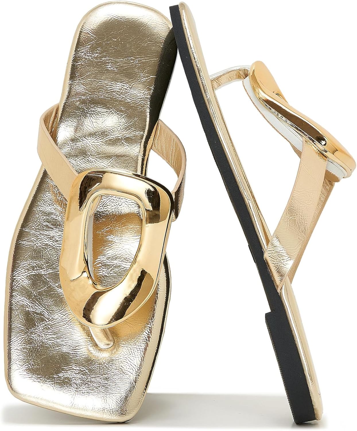 Women's Square Toe Flip Flops Flat Thong Slide Sandals with Oversized Gold Buckle Casual Summer Beach Slippers