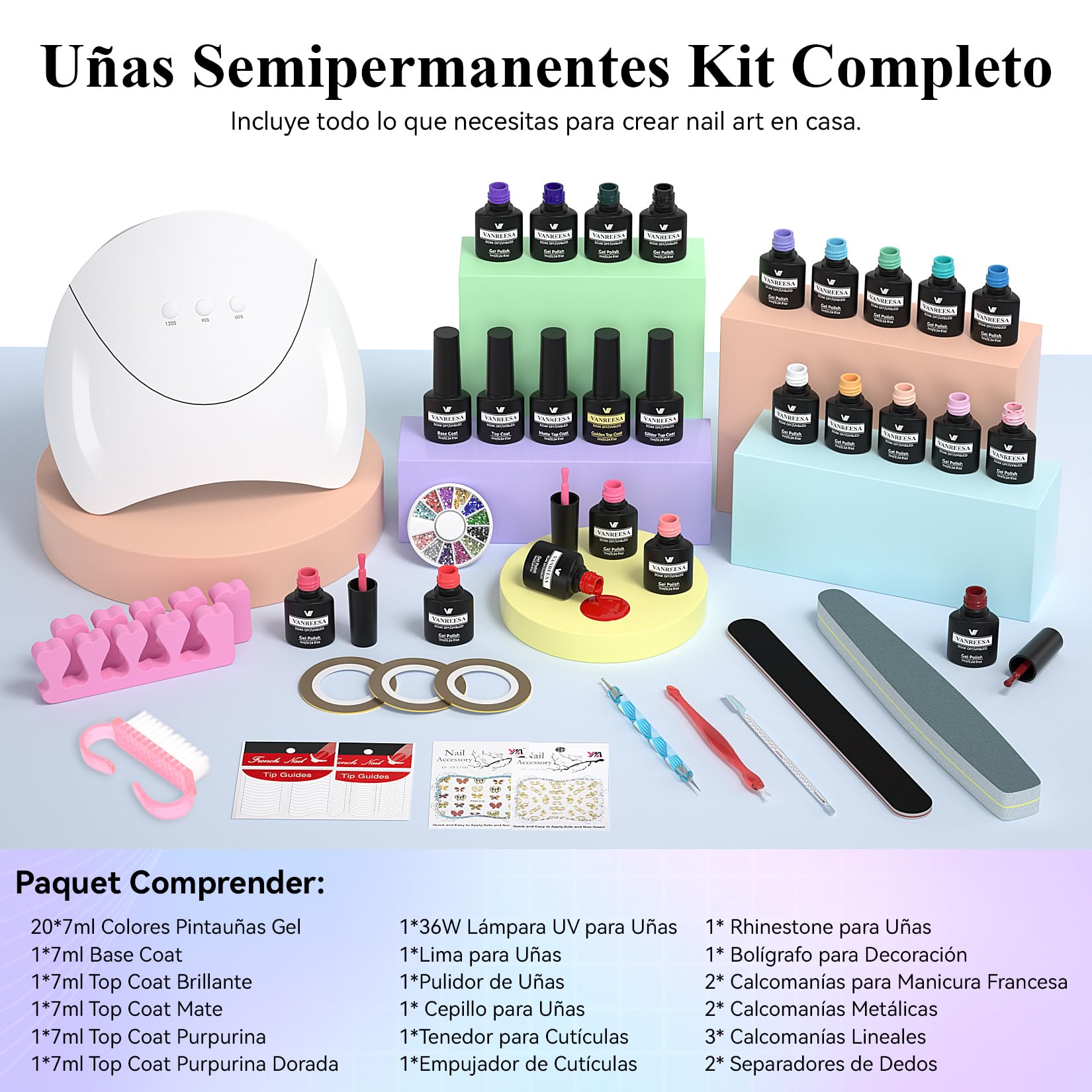 VANREESA 20 Colores Kit Uñas Semipermanentes, Uñas Semipermanentes Kit Completo con Base Top Coat Lampara UV y Herramientas Manicura, Todas Estaciones Apto Esmalte Gel Set Manicura para Principiantes