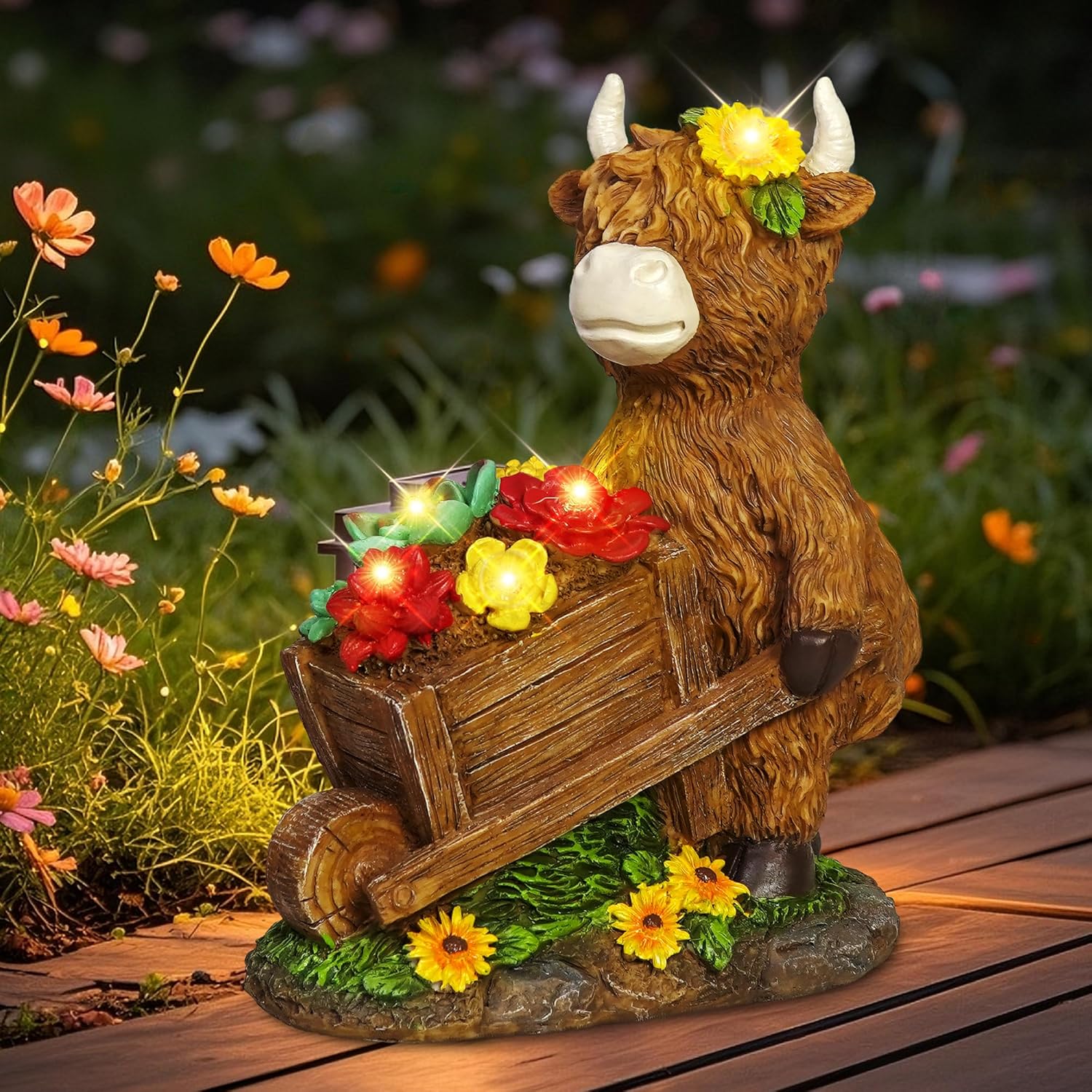 TEDOF Solar Highland Cow Statue with Flower Decor, Funny Outdoor Garden Ornament for Yard Patio Lawn, Birthday Gift for Women Mom​