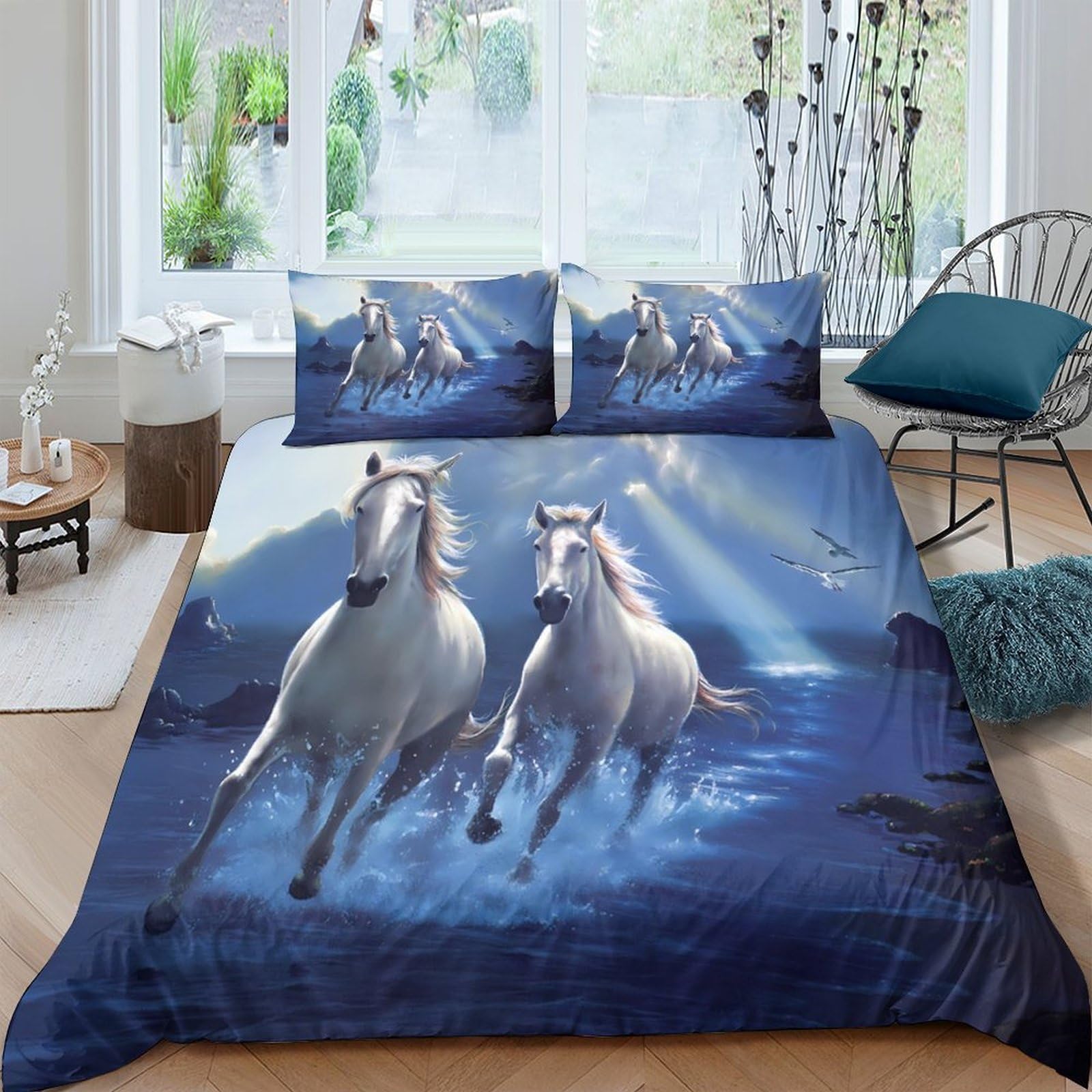 TUFRTGYHN 3D Printed Running Horses Duvet Cover Microfiber Soft Breathable Wild Stallion Bedding Set with 2 Pillowcases for Bedroom Decor Single（135x200cm）
