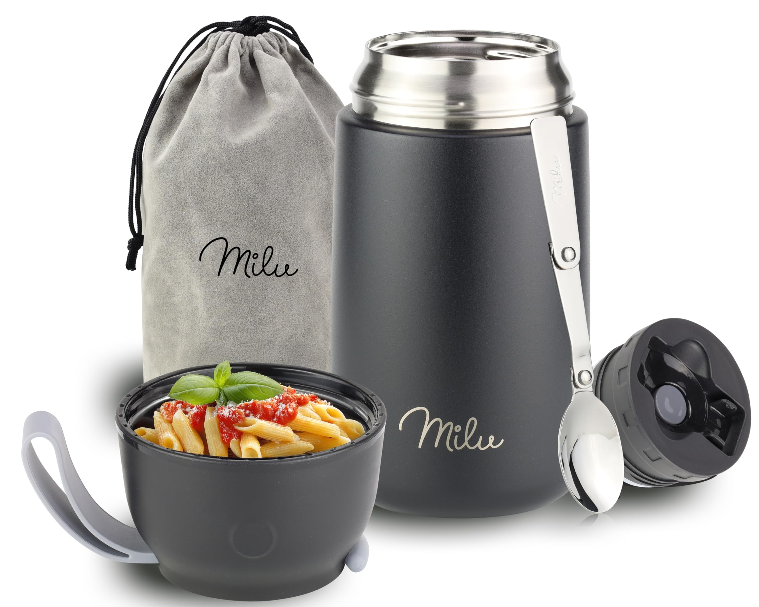 Milu Food Flask for Hot Food - 800ml Leakproof Insulated Stainless Steel Thermal Lunch Box, Soup Container with Spoon, BPA-Free, To go Meal Prep, Porridge (Black, 800ml)