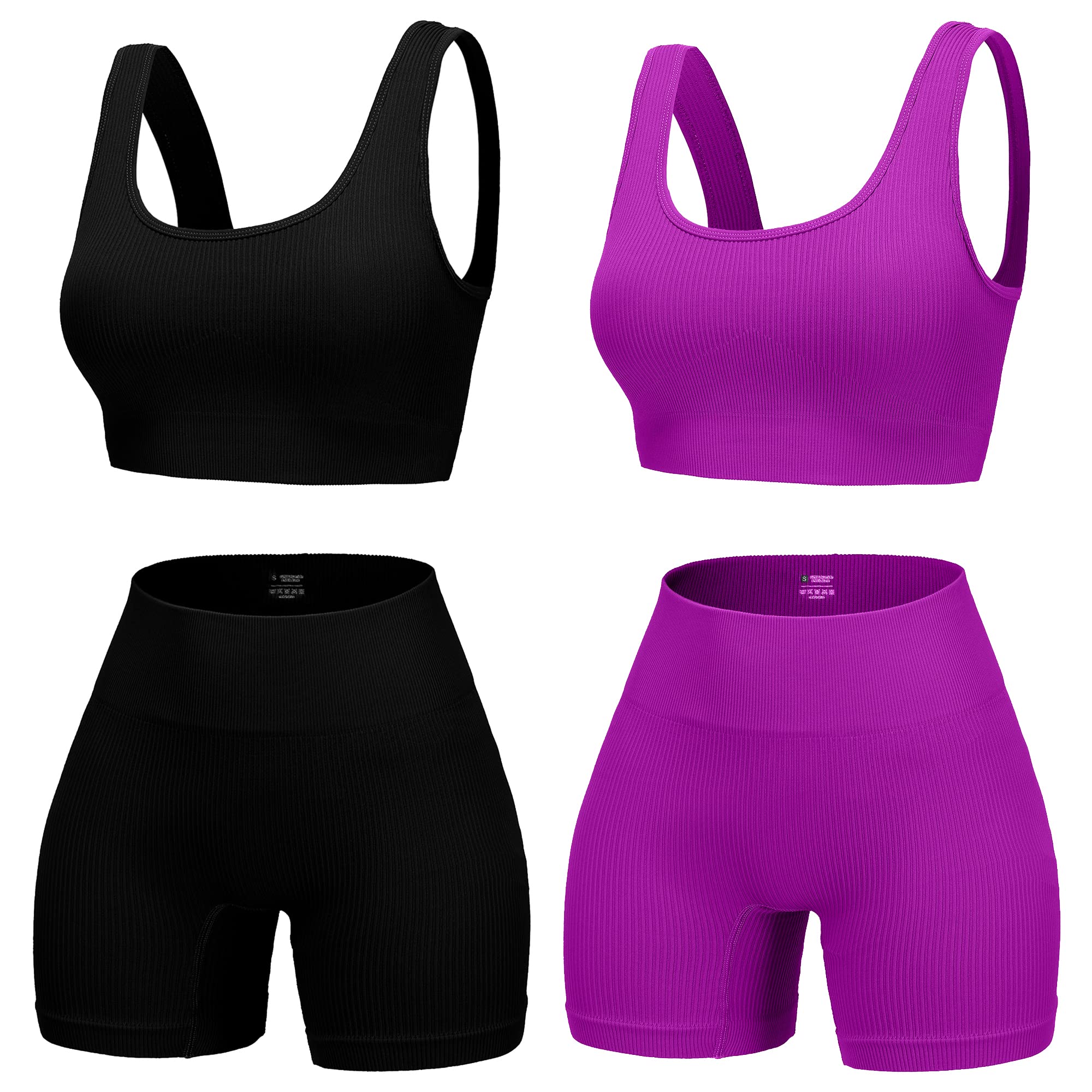 YWBIN 4 Piece Workout Sets for Women Seamless Ribbed High Waist Yoga shorts with Sports Bra Outfits