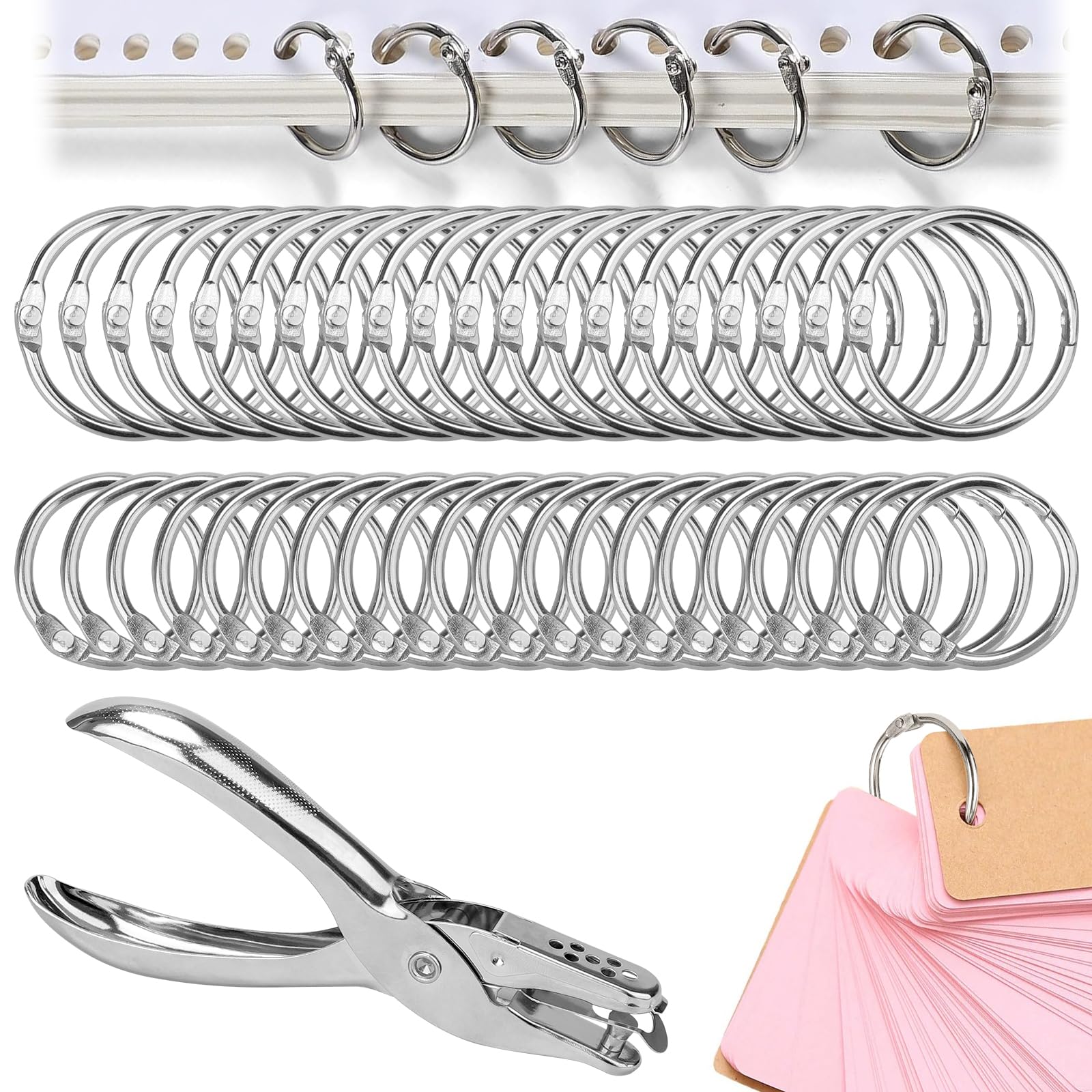 Kigniote 100 Stück Buchringe mit Lochzange 20mm 25 mm Binder Ringe Heftringe Binderinge Karteikarten Ringe Ringbindung Silber Buchring für Loseblatt Scrapbook Album Buch Binden DIY
