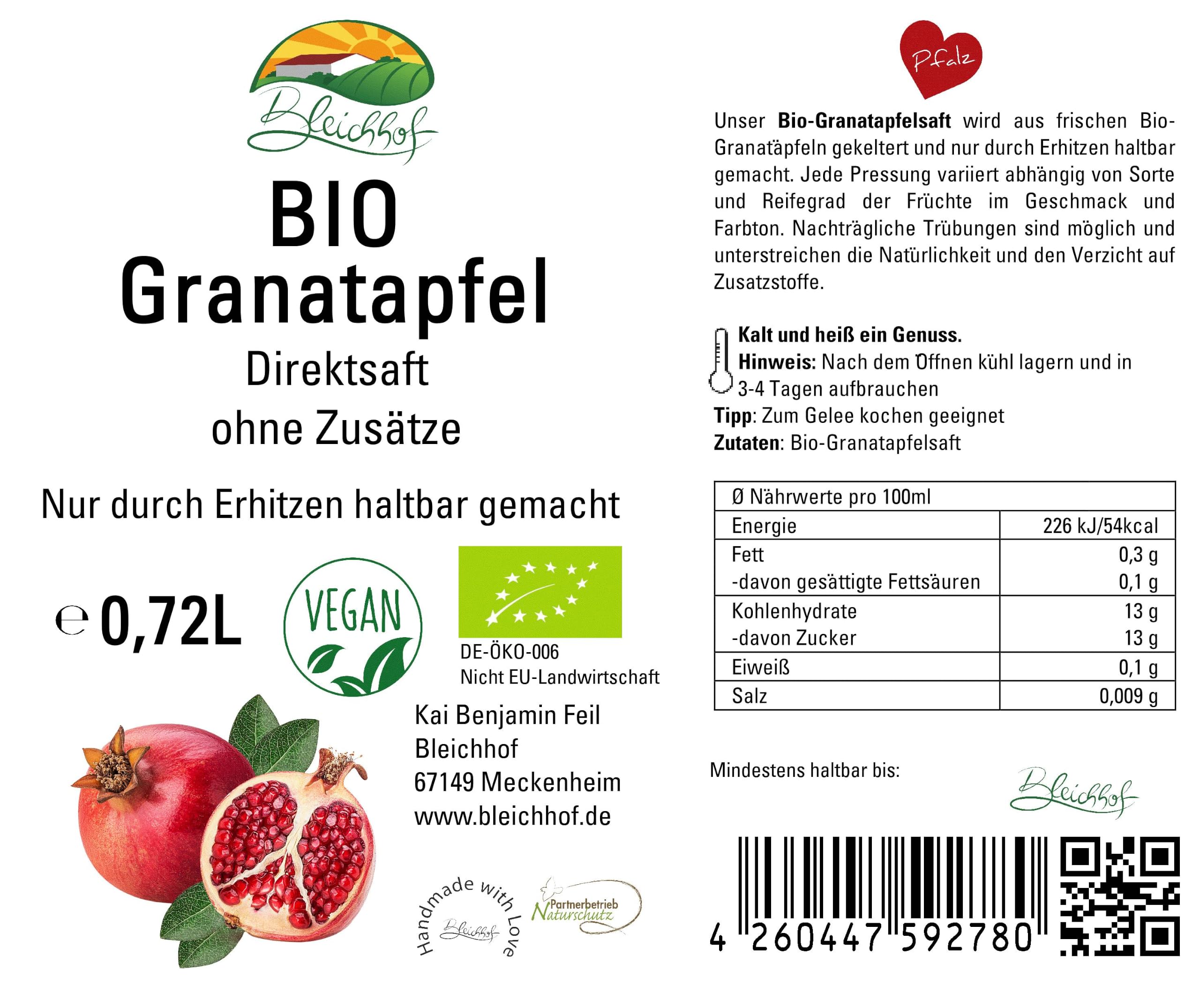 BLEICHHOF® Bio-Granatapfelsaft DE-ÖKO-006 -Direktsaft, vegan (12x0,72l)