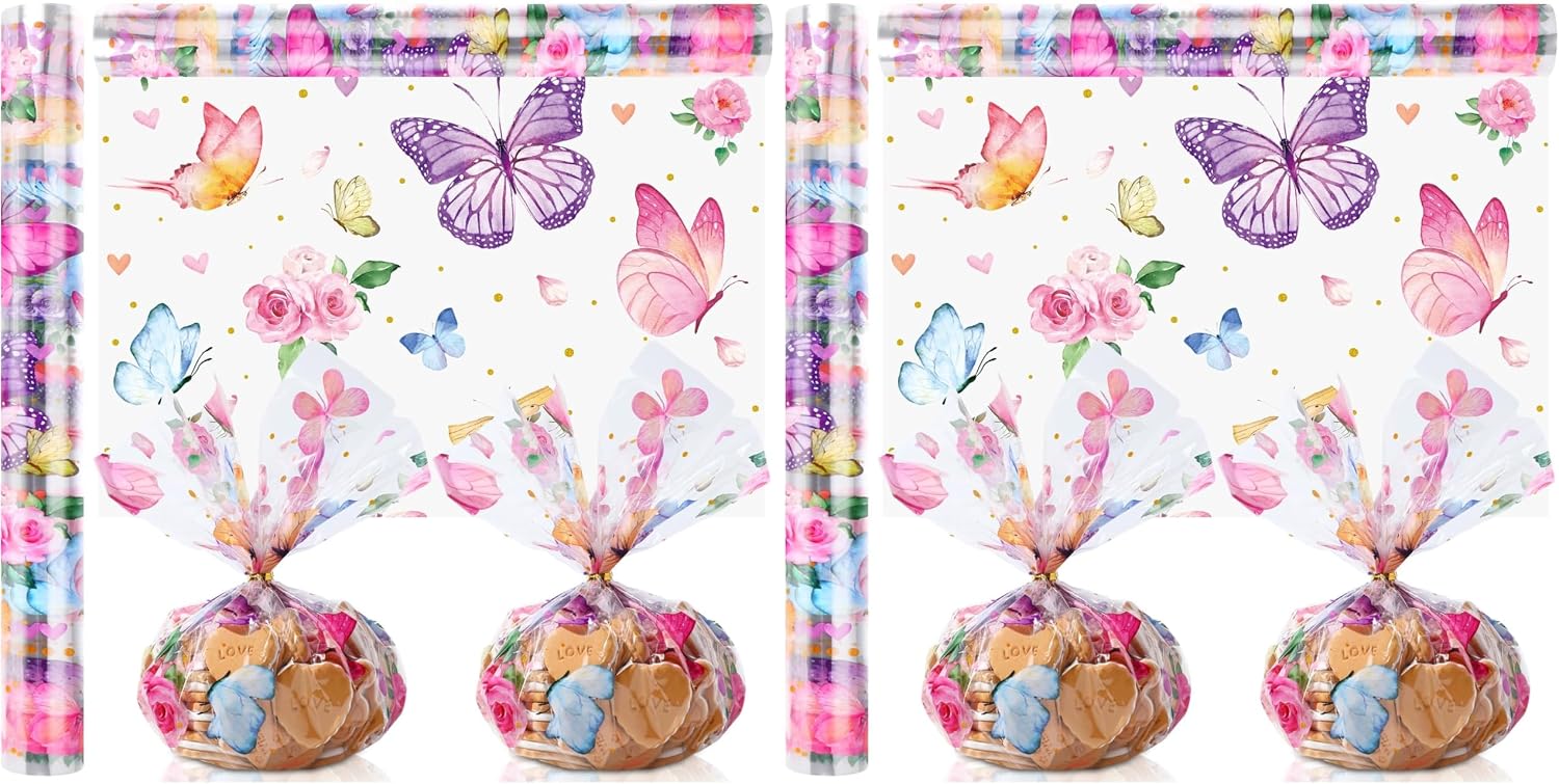 Gueevin Butterflies Cellophane Wrap Roll for Spring 100 ft x 16 Inch 2.5 Mil Floral Cellophane Roll Butterfly Gift Wrapping with Twist Ties for Wedding Baby Shower Birthday Basket Party Favors