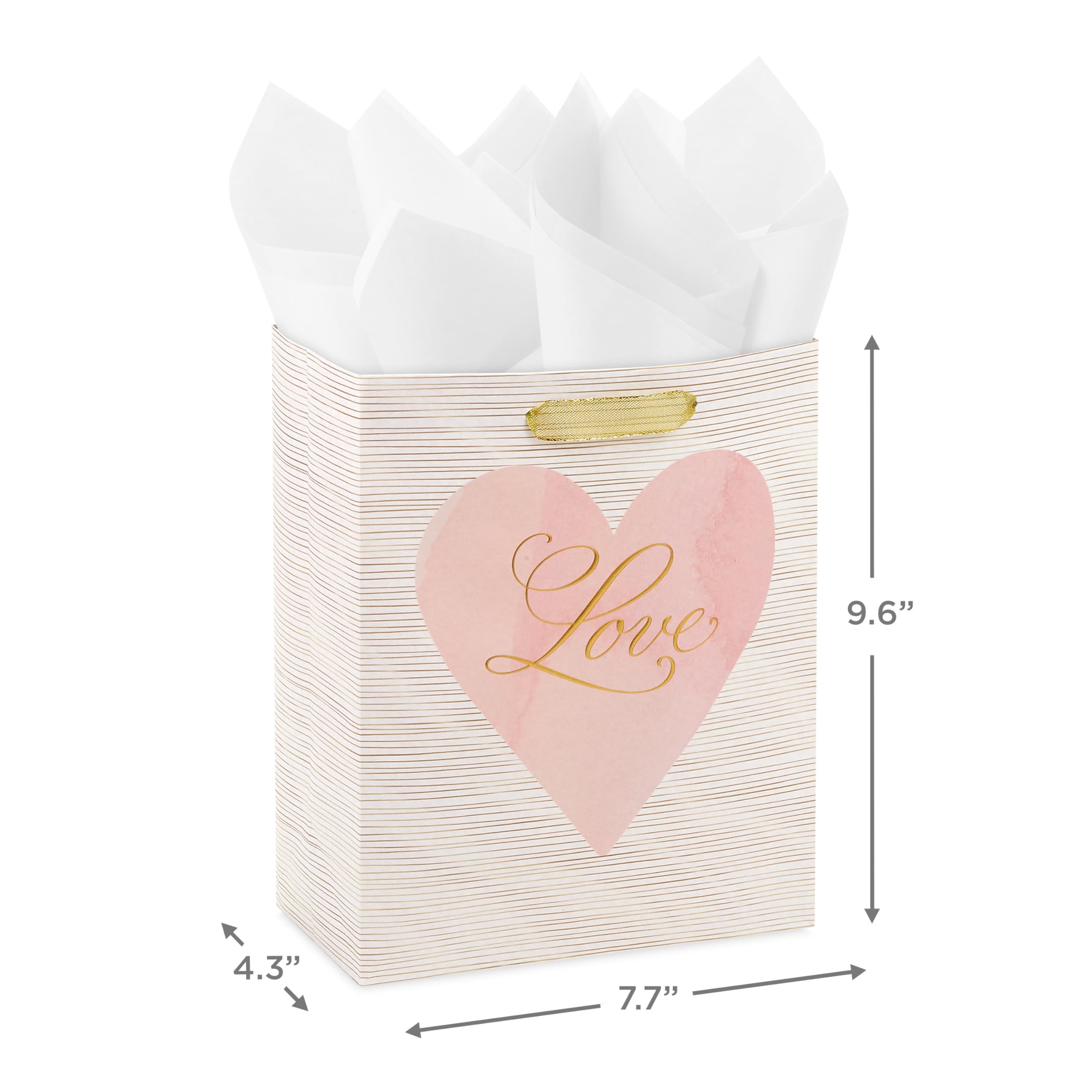 Hallmark 9" Medium Gift Bag with Tissue Paper (Love Pink and Gold Heart) for Valentine's Day, Weddings, Engagements, Bridal Showers