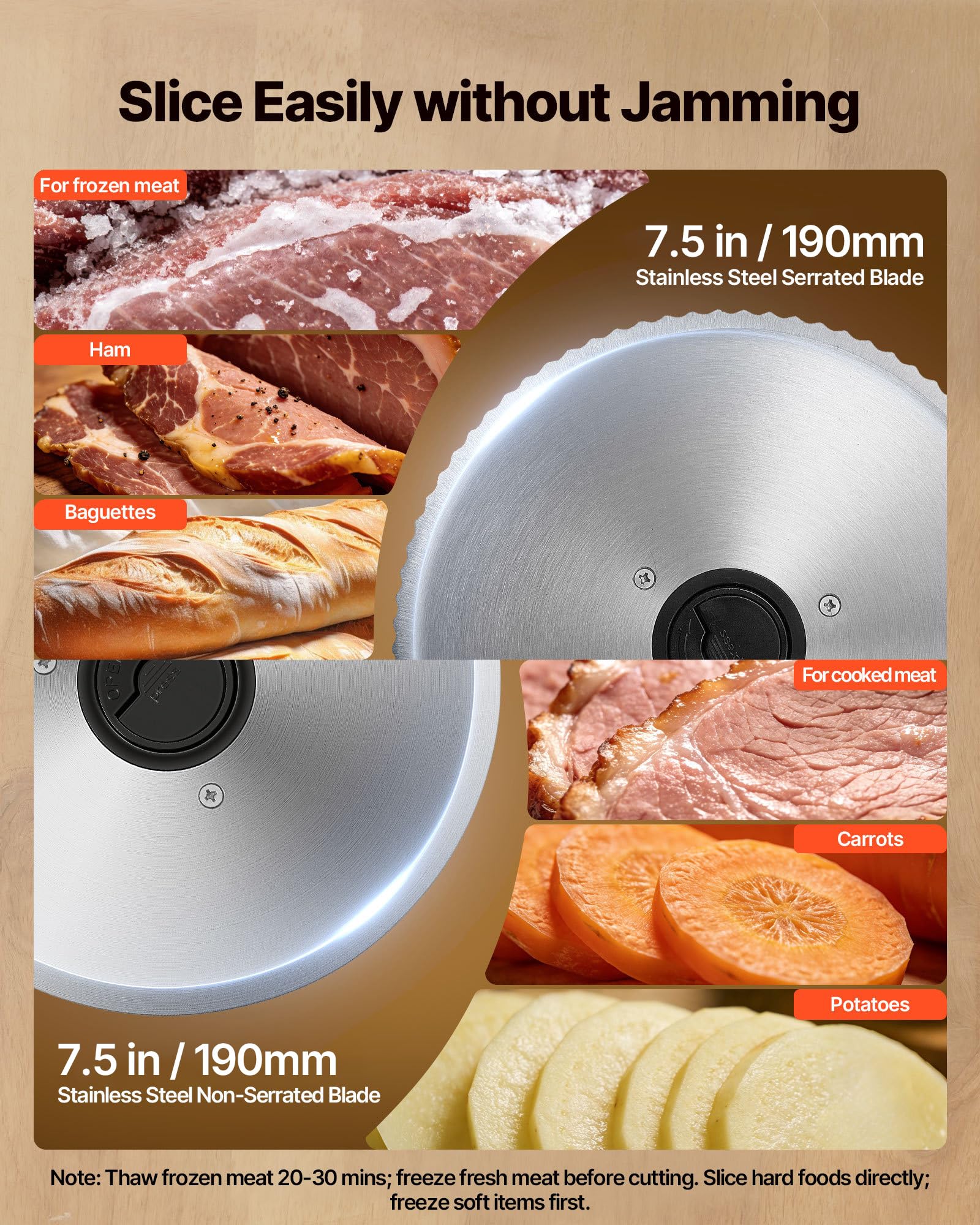 VEVOR Macchina Affettatrice per Carne, Affettatrice Elettrica 2 Lame SUS420 da 19 cm Spessore di Taglio 0-15 mm Multiuso per Carne Congelata Prosciutto Baguette Bistecca, Velocità 70-100 giri/min