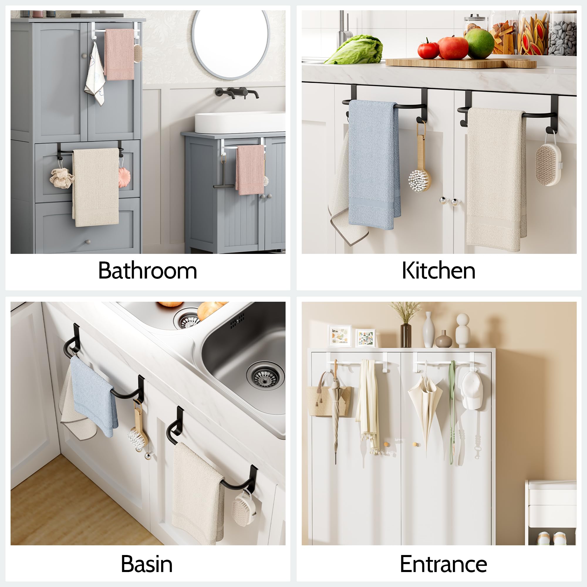 SAYAYO Porta Asciugamani Nero, Appendi Strofinacci Cucina, Porta Strofinacci Cucina con 2 Ganci, Appendini per Armadio, Cassetto, Bagno, Senza Forare, 2 Pezzi, 23CM