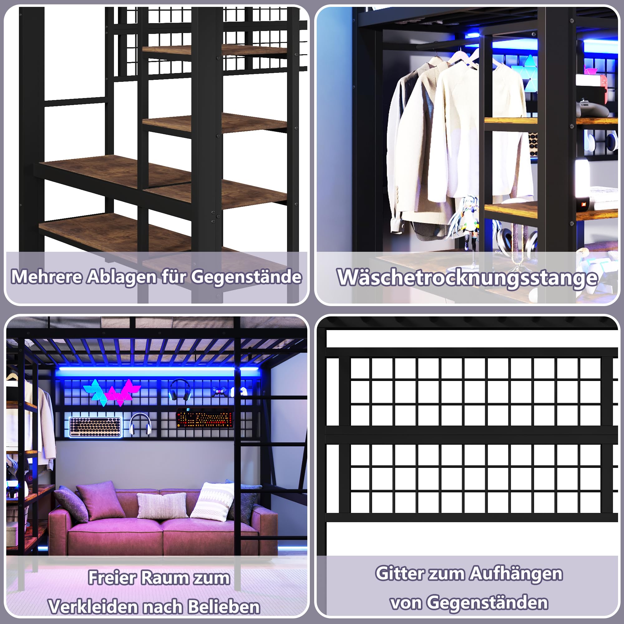 Lubvtti Letto a soppalco in ferro 140 x 200 cm con striscia luminosa a LED,vano portaoggetti,rete per appendere gli oggetti,asta appendiabiti,letto a castello per bambini,struttura letto singolo,Nero