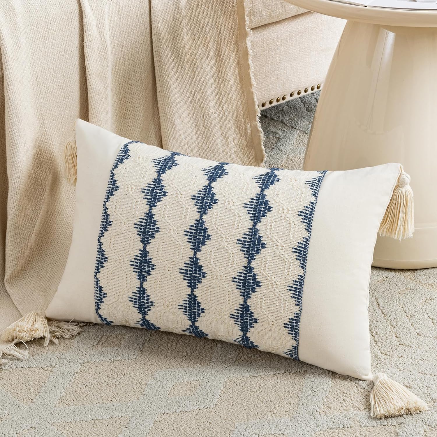 Fancy Homi Set of 2 Dusty Blue Vintage Lumbar Decorative Throw Pillow Cover 12x20 Inch for Couch Bed Sofa Chair Bedroom, Rustic Retro Square Cushion Case with Tassels, Coastal Boho Living Room Decor - Image 2