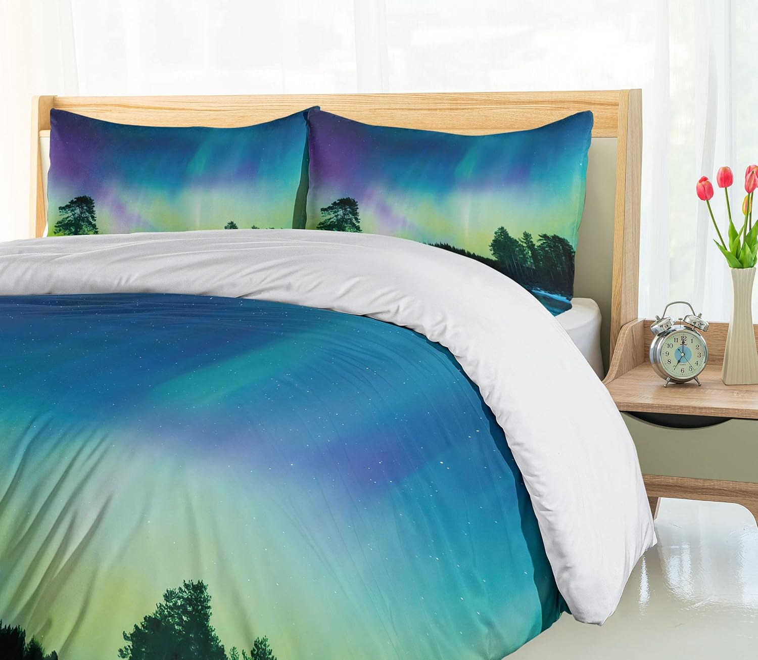 Ambesonne Aurora Borealis Duvet Cover Set, Sky Over Lake Surrounded Forest Woods Hemisphere Print, Decorative 3 Piece Bedding Set with 2 Pillow Shams, Queen Size, Violet Green
