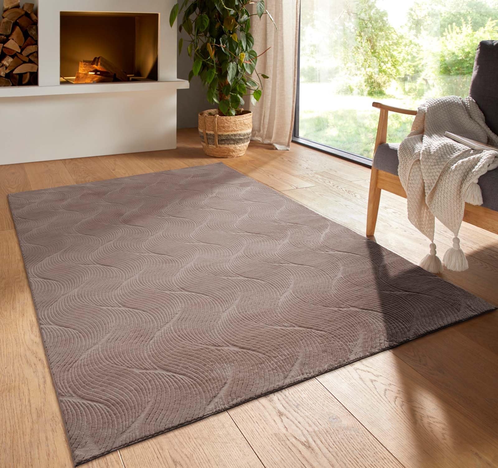 Taracarpet Kurzflor Boho Skandi Polyester Teppich in 3D Optik waschbar, pflegeleicht und robust ideal fürs Wohnzimmer, Schlafzimmer und Kinderzimmer auch als Badematte Taupe Düne 120 cm rund