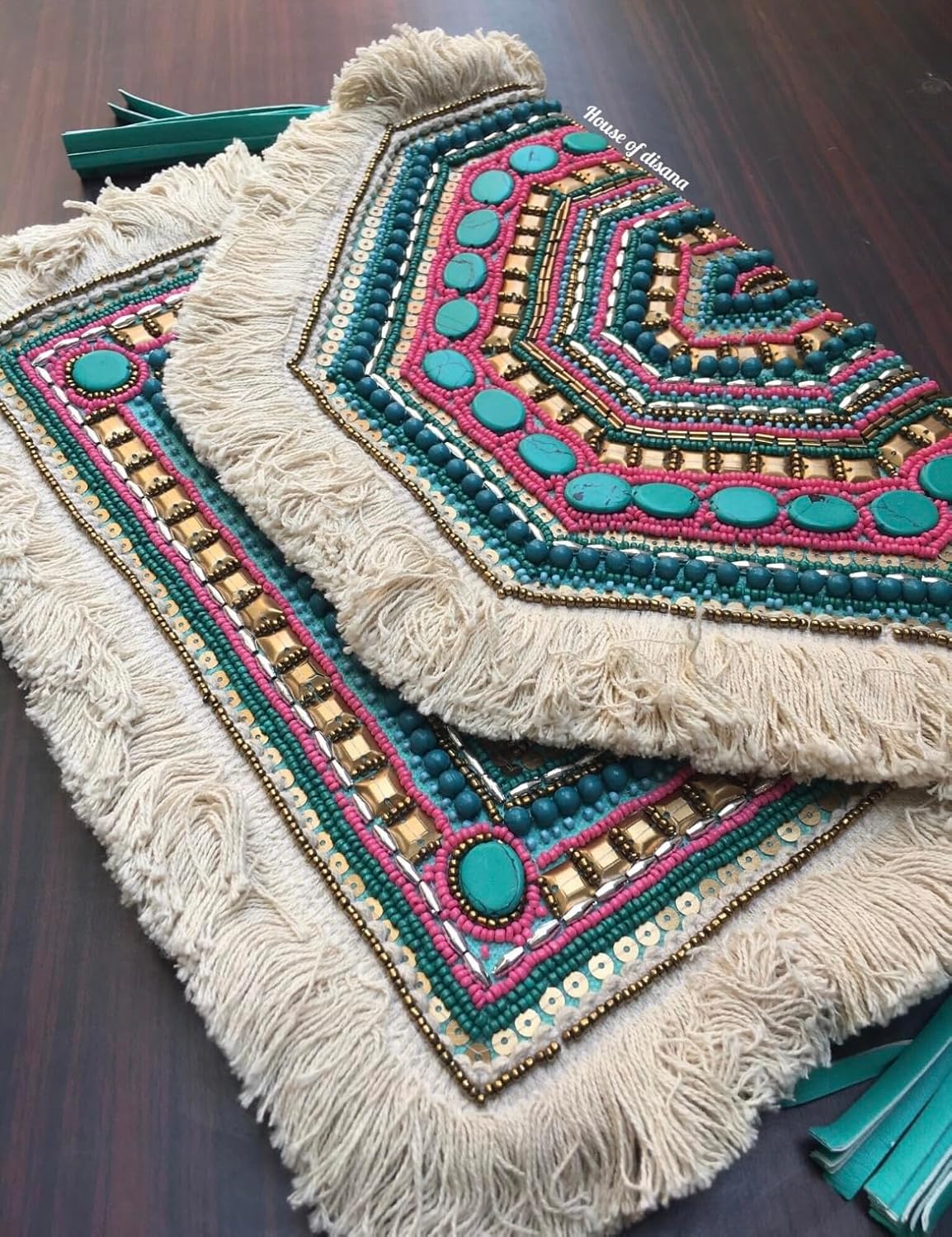 Banjara beaded Bohemian Bag India Embroidered Crossbody Bag Envelope Shoulder Bag Tote Handbags, Beach Bag for Vacation, Travel, Banquet Beach with chain (Turquoise) - Image 5