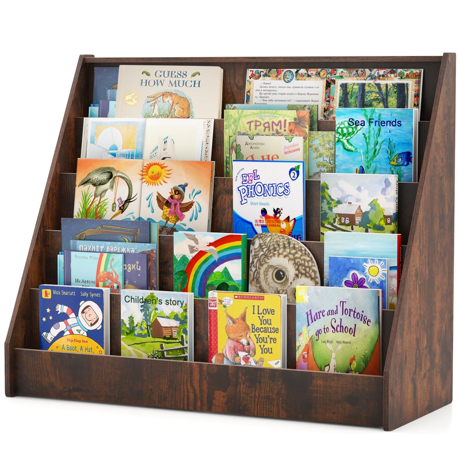 GYMAX Kids Bookcase, 5-Tier Children Bookshelf with Deep Compartments, Wooden Toddler Book Storage Rack for Kid's Room Nursery Kindergarten (Rustic Brown)