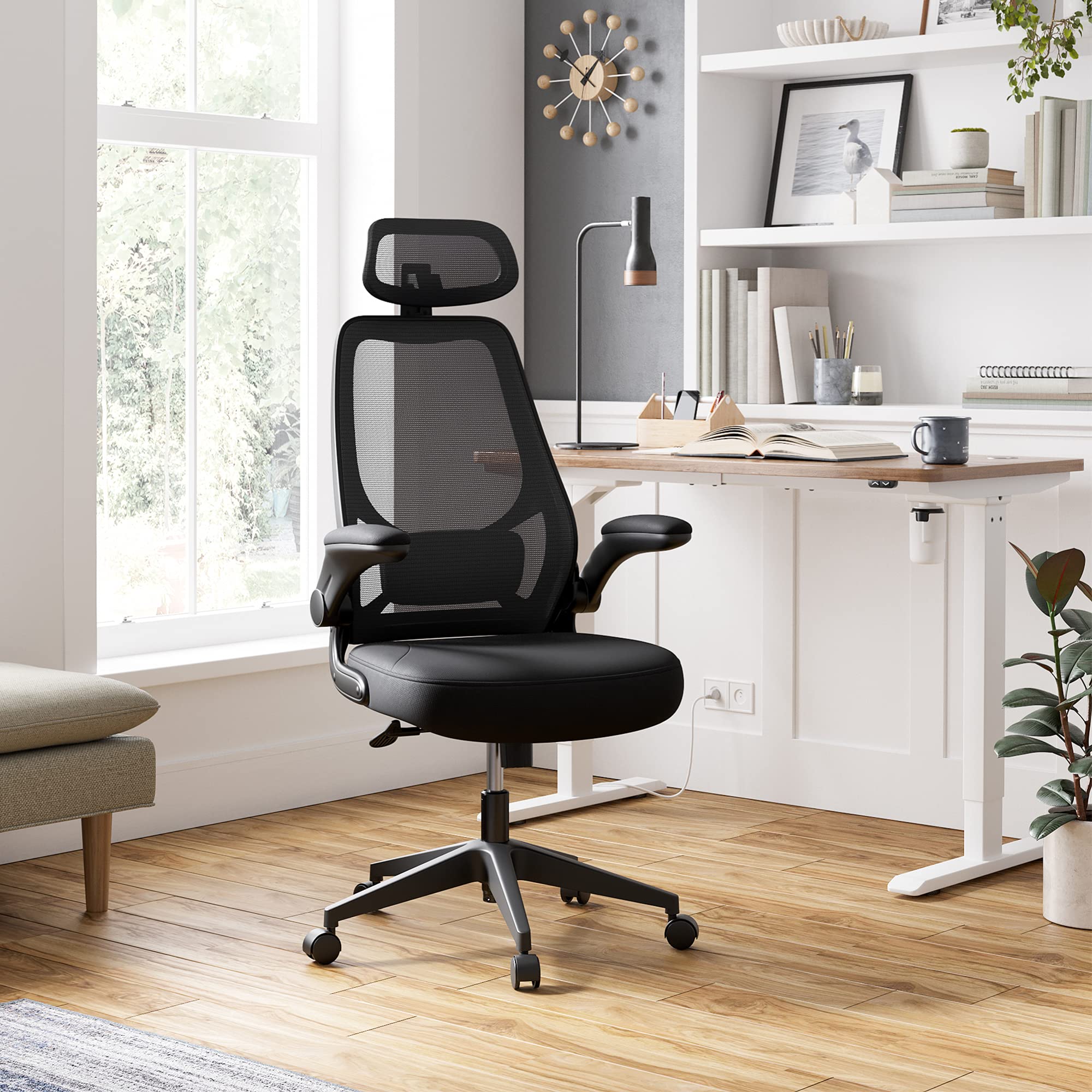 SONGMICS Poltrona Ufficio Ergonomica – Girevole, Poggiatesta E Braccioli Regolabili, Tessuto Traspirante, Nero