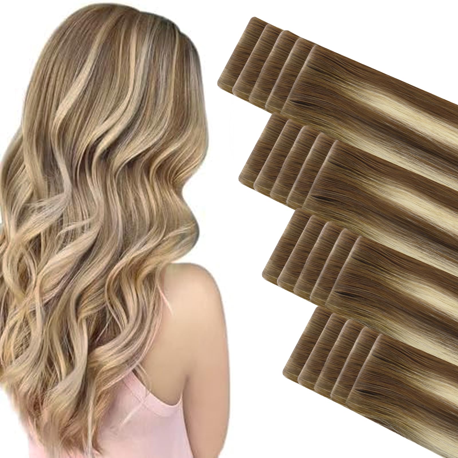 ABH AMAZINGBEAUTY HAIR Invisi Edge Tape in Hair Extensions Real Human Hair, Seamless Injected Hand-Tied Hair Tape ins 20PCS 50G/Pack, Walnut Brown