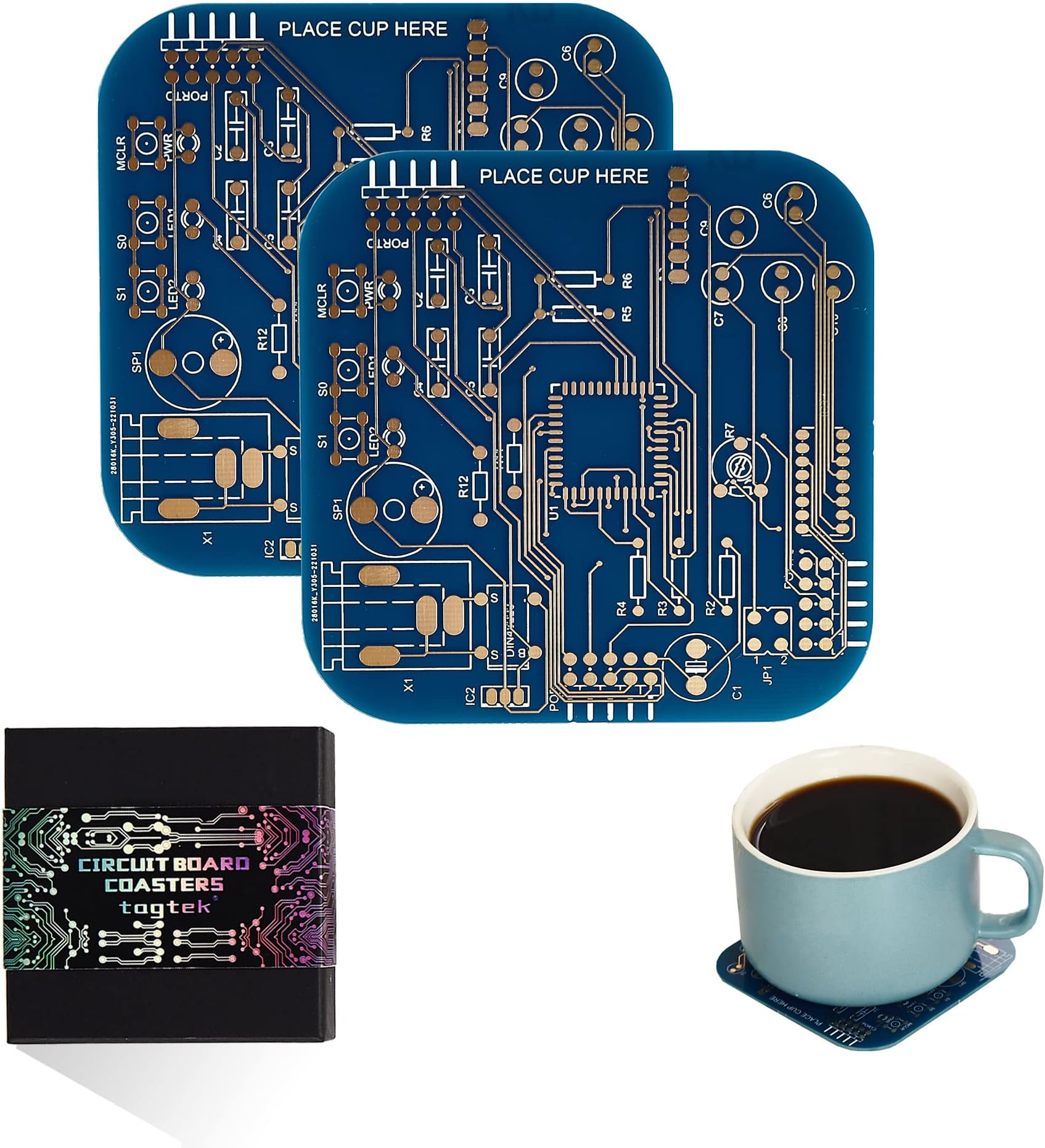 PCB-Design Blue Circuit Board Coasters for Coffee Table, Bar, Office - Immersion Gold - 2 Pack