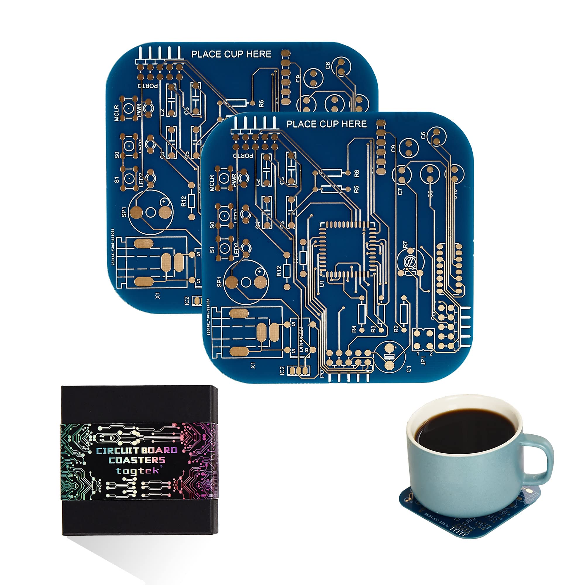 PCB-Design Blue Circuit Board Coasters for Coffee Table, Bar, Office - Immersion Gold - 2 Pack