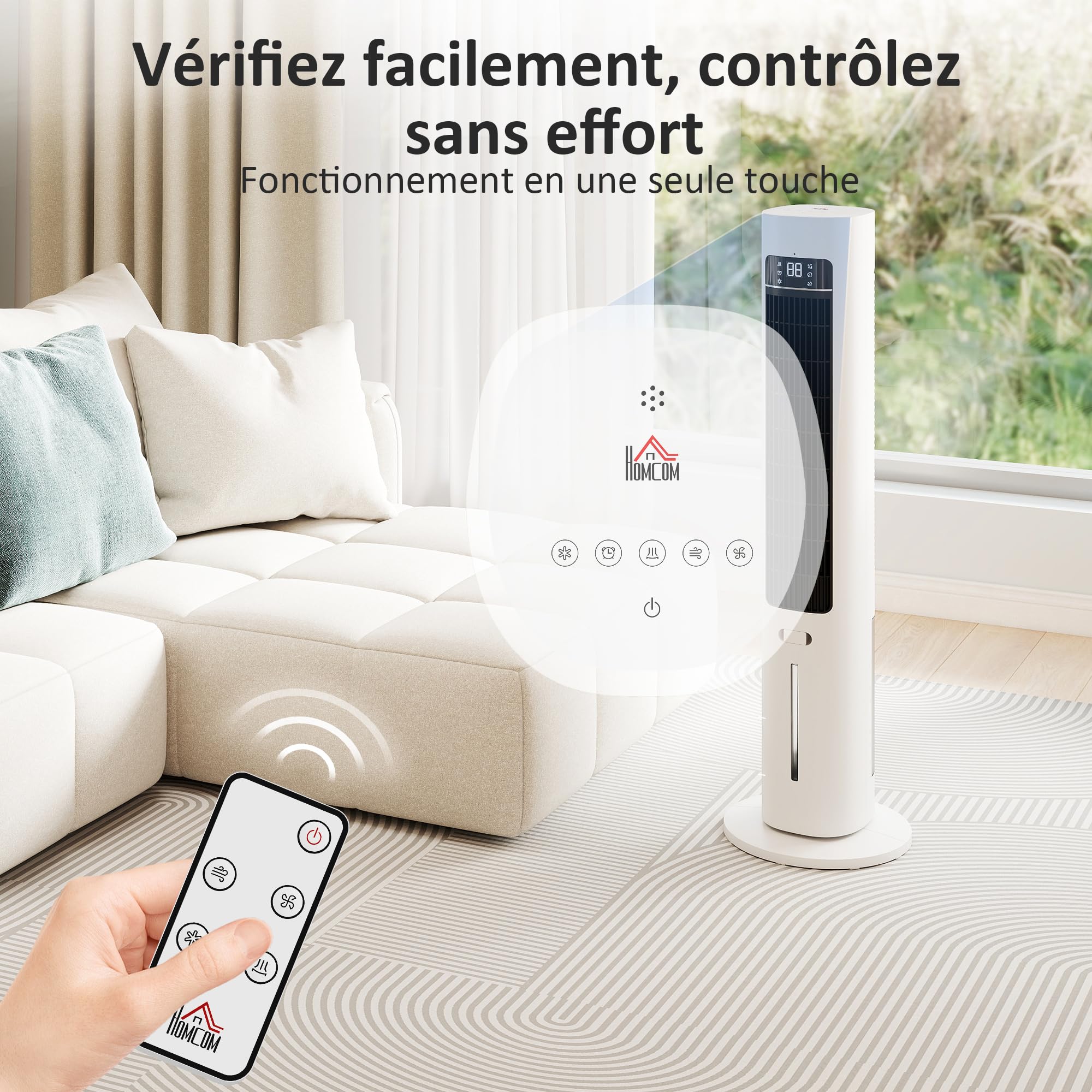 HOMCOM Refroidisseur d'air colonne 3 en 1 refroidisseur humidificateur et ventilateur, oscillation 48°, 3 vitesses 3 modes, réservoir d'eau 3L, blocs de glace, télécommande, pour chambre bureau, blanc