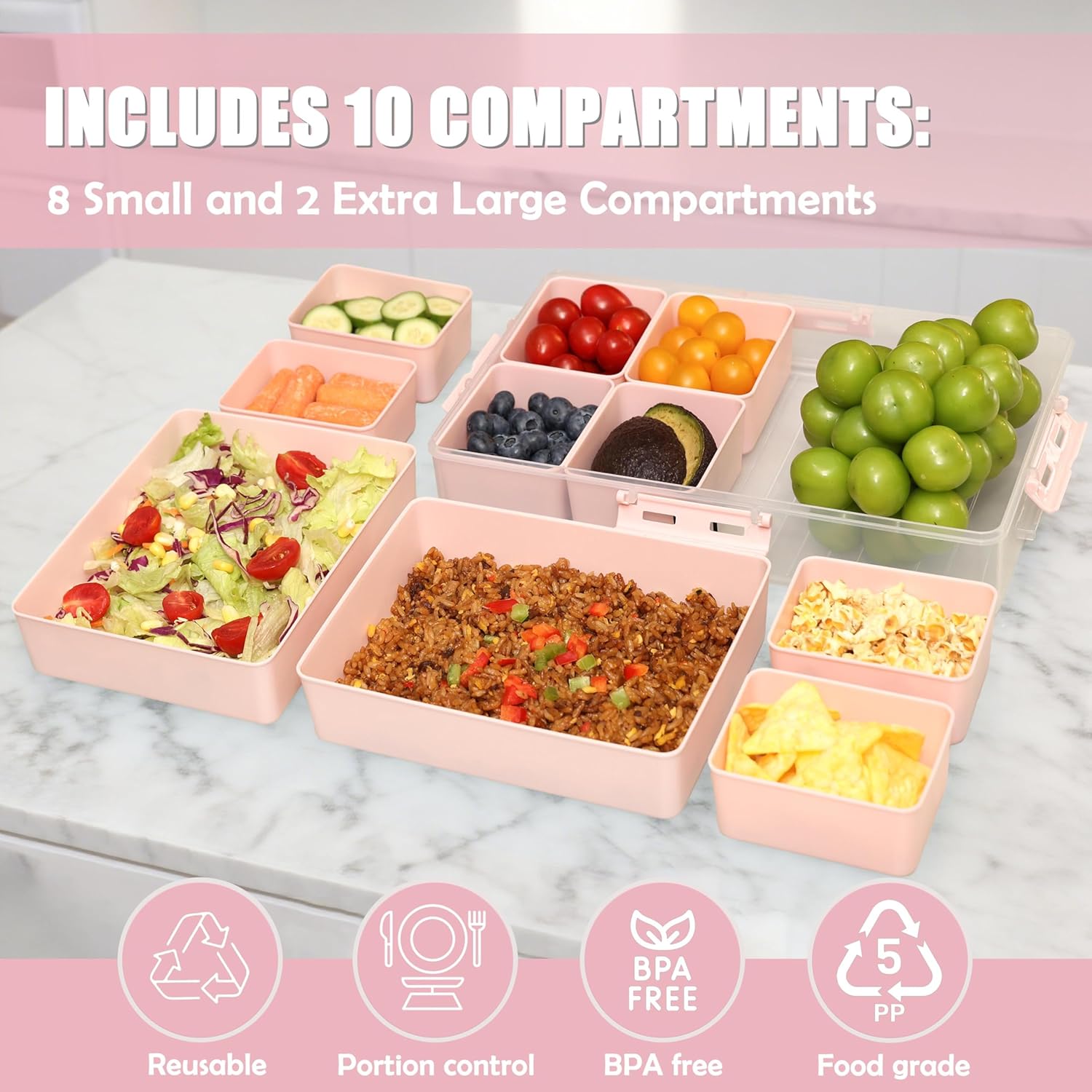 Condition photo showing New/Like New for Snackle Box Container - 10 Compartments Including 2 XL, Dishwasher & Microwave Safe, Divided Serving Tray with Lid and Handle, BPA-Free, snack box (1 PCS, Pink, 1 Box with 2 XL Compartments) Pink 1 Pack with 2 XL Trays