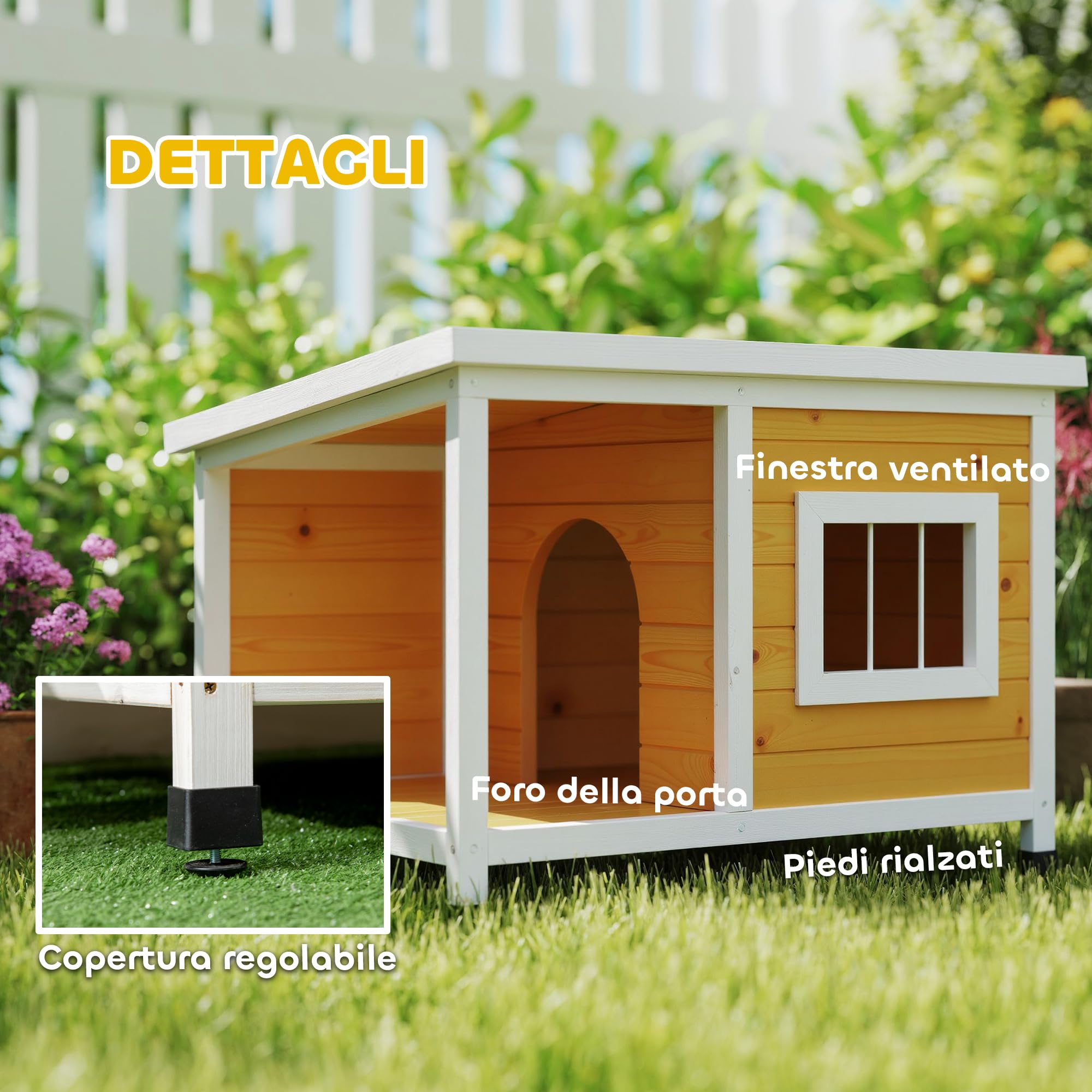 PawHut Cuccia per Cani da Esterno Rialzata con Veranda Coperta e Tetto Inclinabile, Cuccia da Esterno per Cane in Legno di Abete, 85.5x62x60 cm, Multicolore