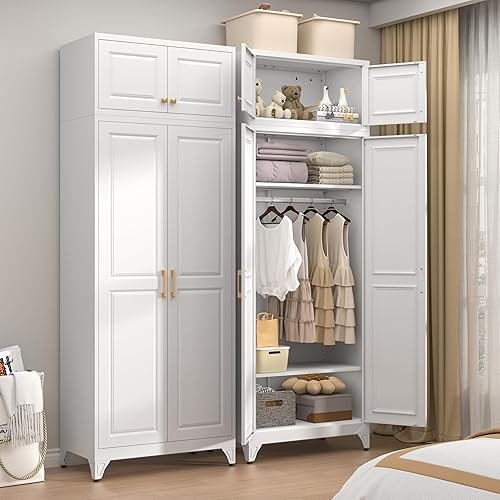 Miniatura 21 de Armario de metal, armario con barra para colgar, armario de almacenamiento de ropa con estantes y puertas ajustables, armario de ropa para