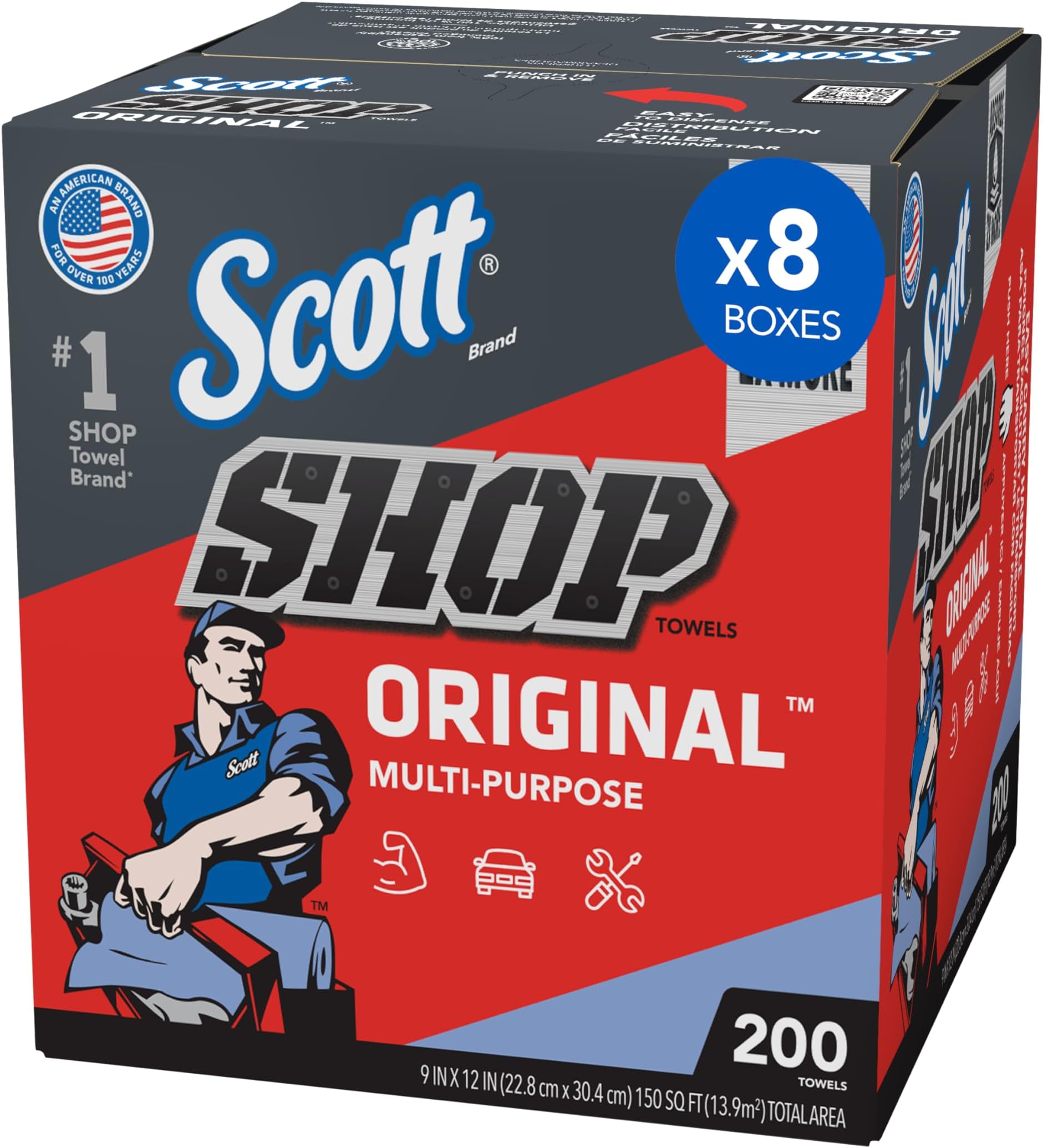 Scott Shop Original Blue Towels (75190), 9"x12" Cloth-like Paper Towel (8 Boxes of 200 Sheets, 1,600 Sheet Total)
