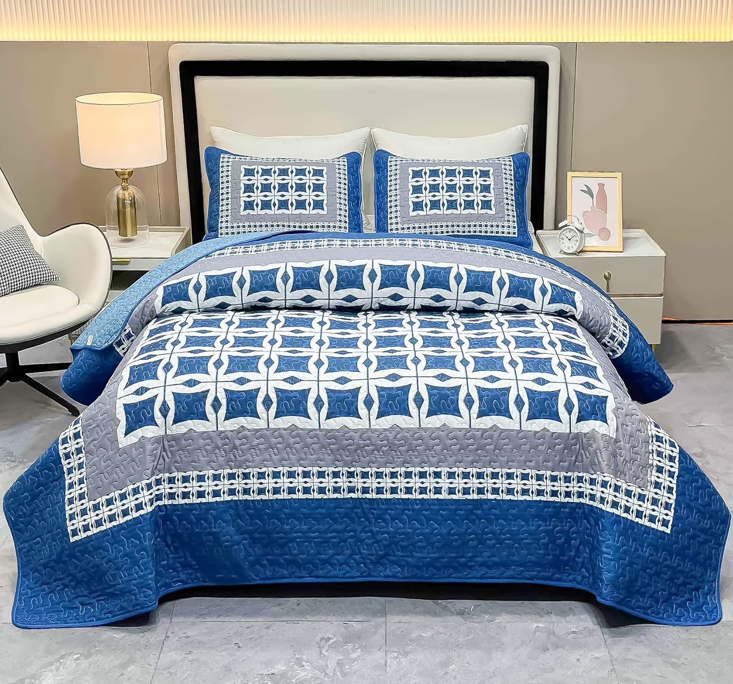 Navy Blue Quilt Sets Queen Size Geometric Pattern Patchwork Leaves Quilted Bedspread
