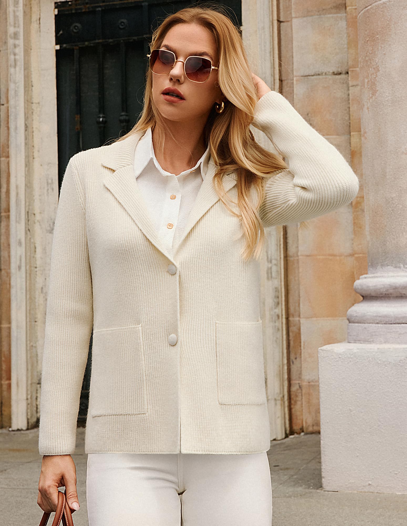 GRACE KARIN Damen Elegant Strickjacke Reverskragen Strickblazer Cardigan