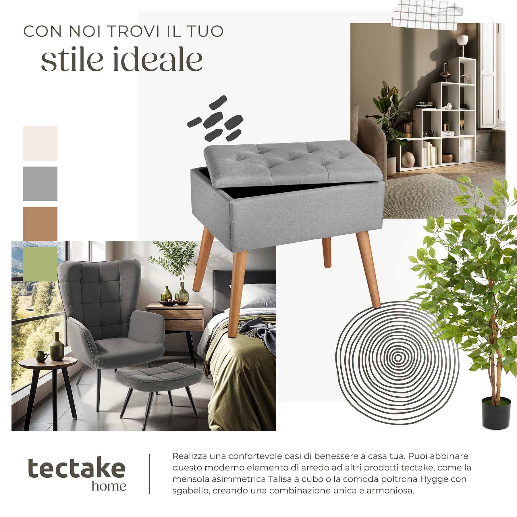tectake® Panchina Imbottita, Rivestimento Effetto Lino, Scomparto Interno, Gambe in Faggio Massiccio, Capacità 300 Kg, Misure 51x37,5x45,5 cm - Grigio Chiaro
